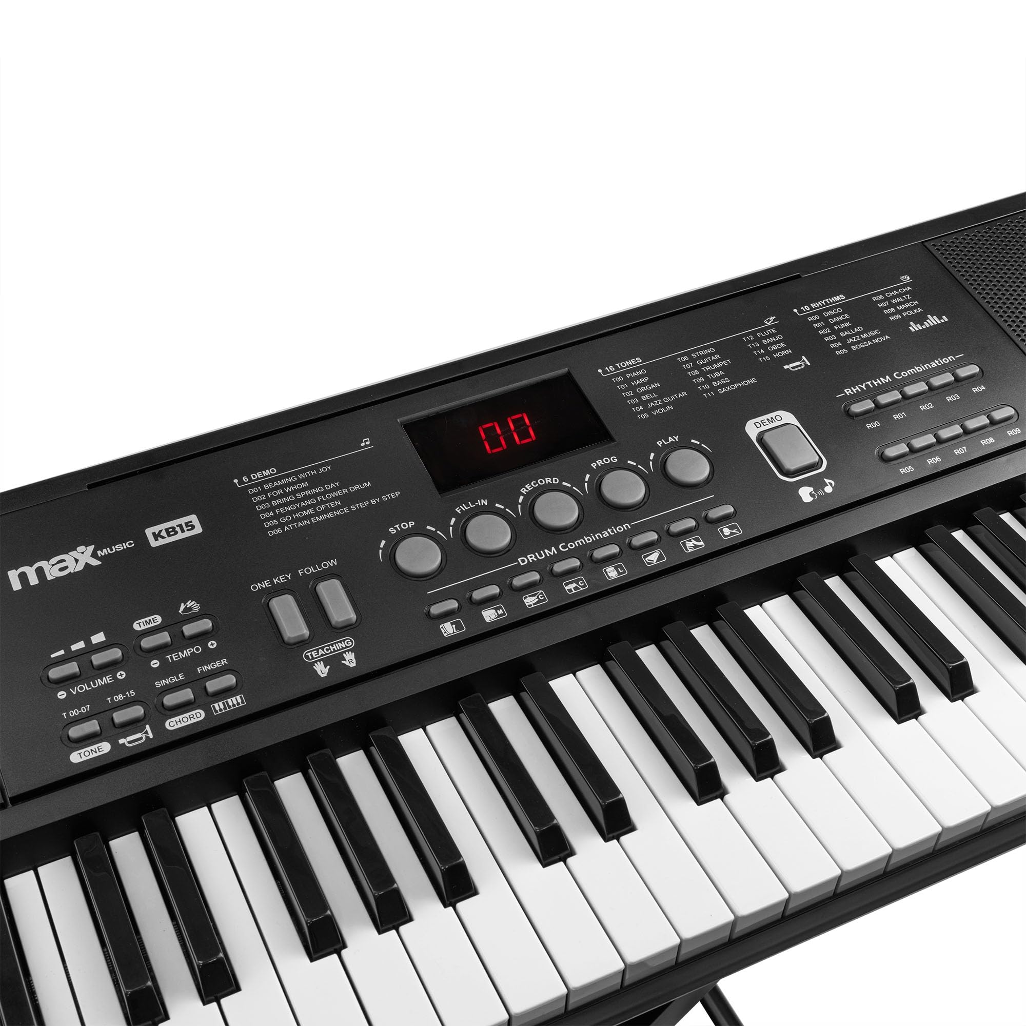 MAX KB15 - Keyboard Piano mit 61 Tasten, E Piano mit Mikrofon und Lautsprecher, LCD Display, 6 Demosongs, Klavier Keyboard für Anfänger, Lern-Funktion, 26 Klangarten, 8 Percussion, USB-C