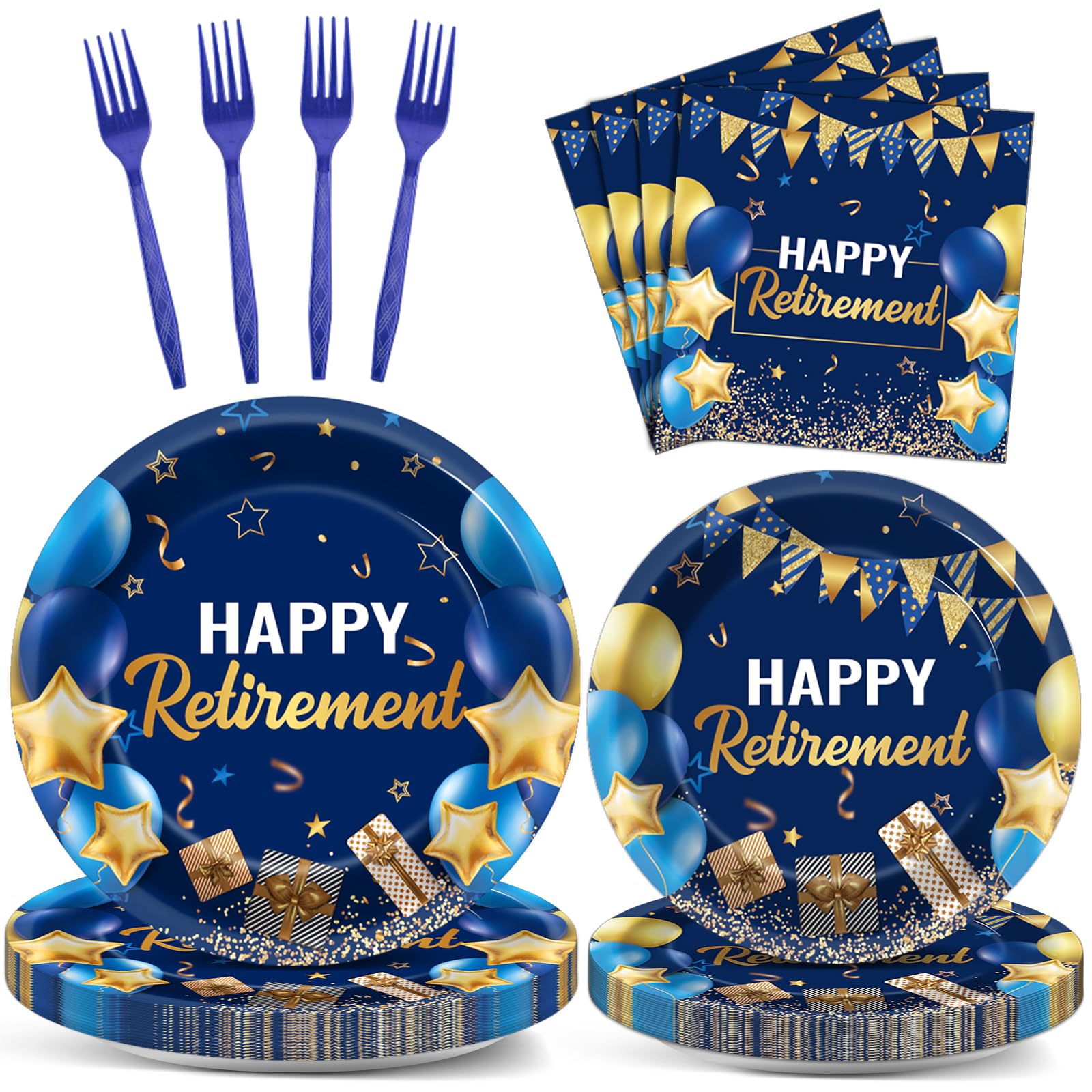 gisgfim 96 Pcs Retirement Party Supplies Paper Plates Napkins Blue Gold Happy Retirement Party Tableware Decorations Favors for Men Women Decor Serves 24