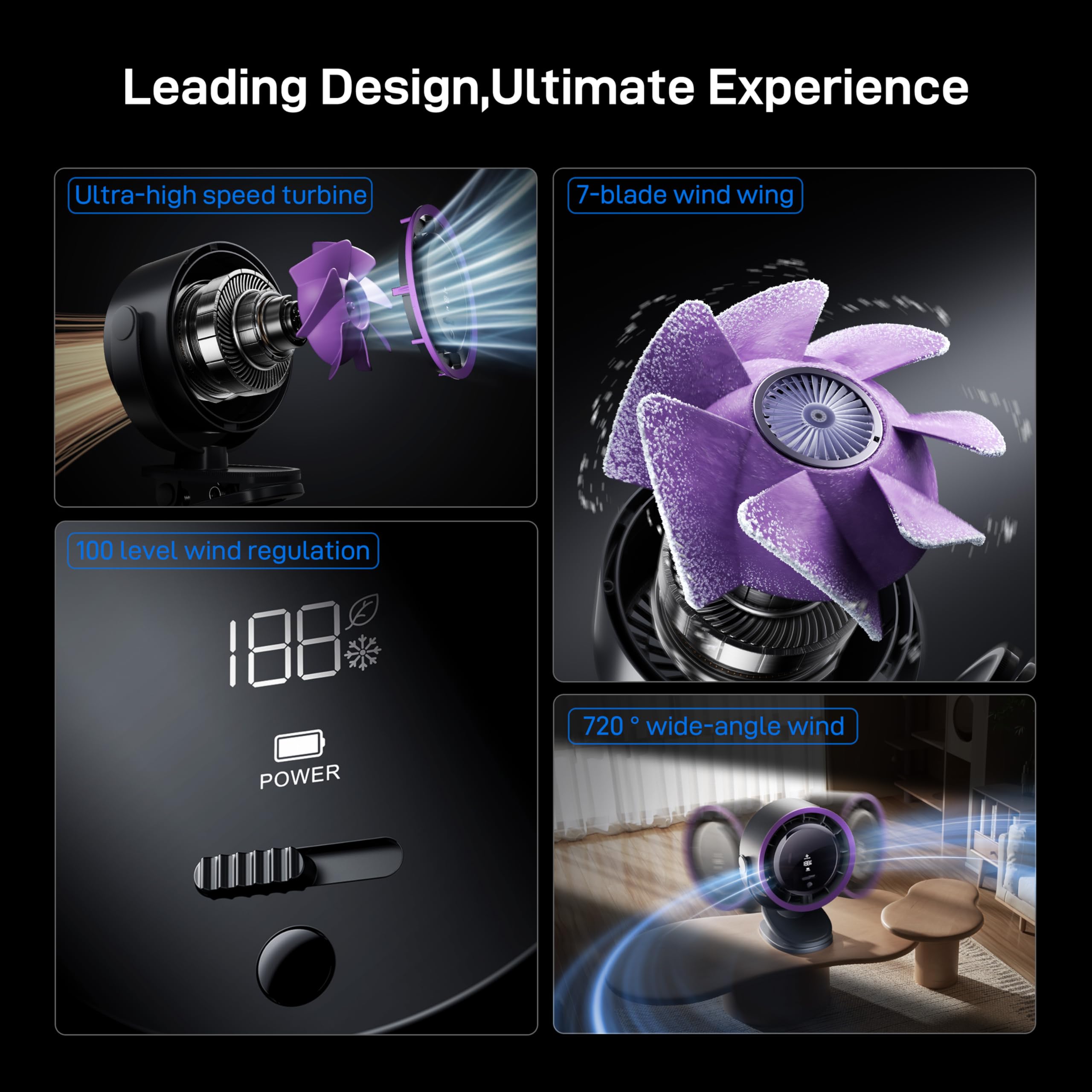 Ventilador portátil con clip, funciona con pilas, pequeño y potente de 100 velocidades, silencioso de rotación de 360°, mini ventilador de refrigeración personal recargable por USB 6