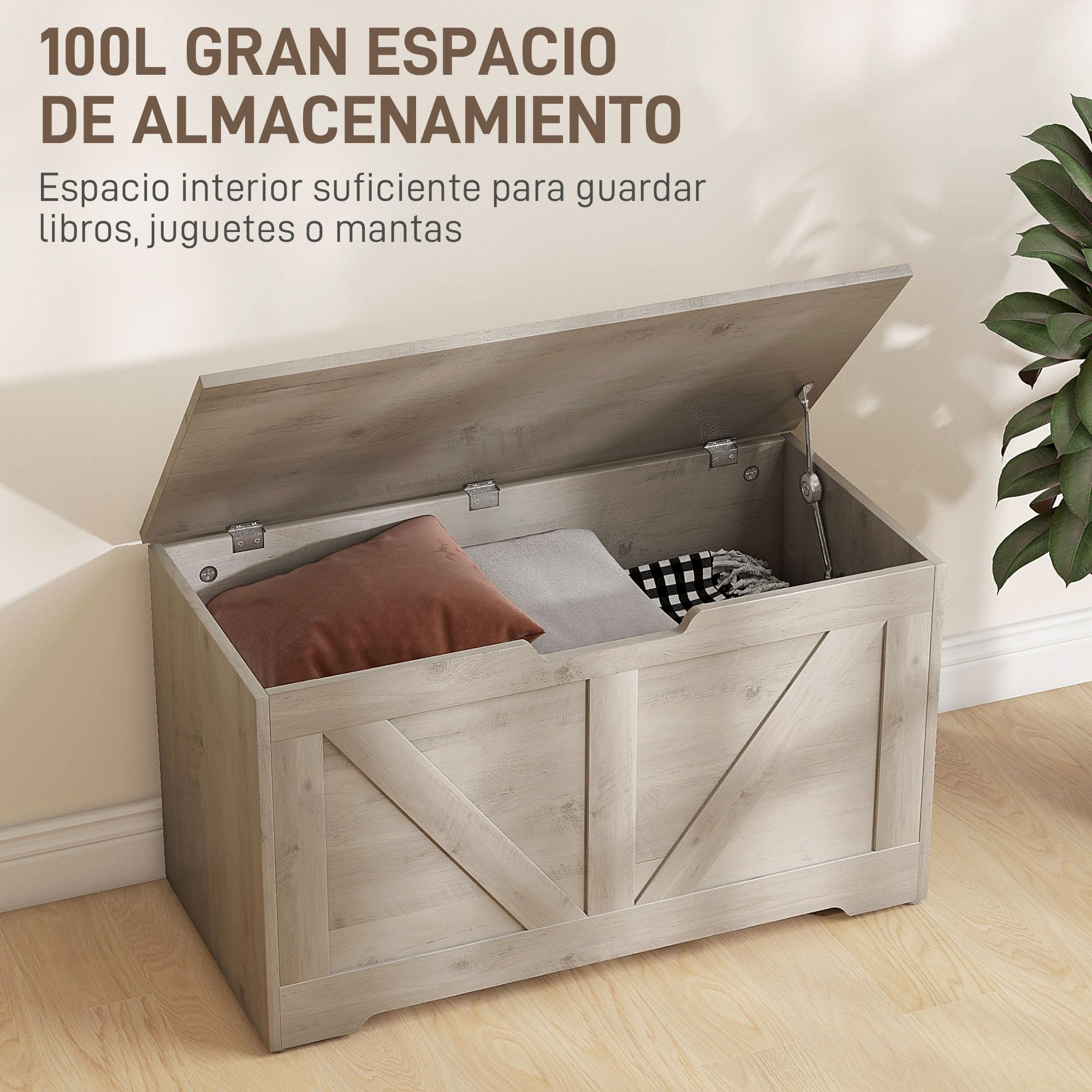 HOMCOM Baúl de Almacenaje para Dormitorio 100 L Banco de Almacenaje con Tapa Bisagra de Seguridad para Pasillo Salón 80x40x45 cm Gris
