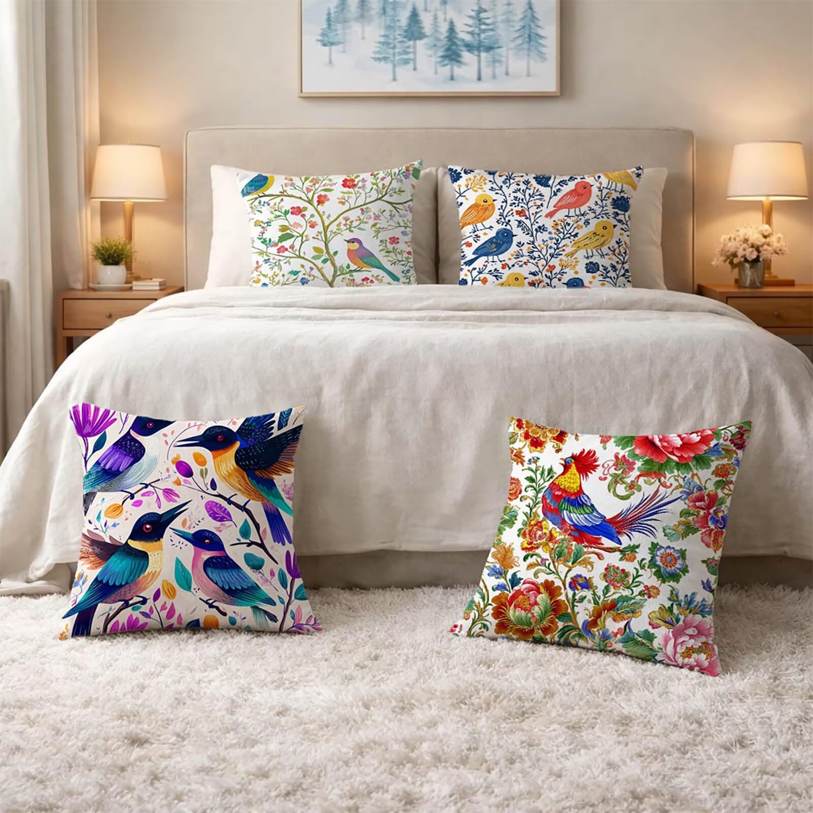 Kissenbezug 55 x 55 4 Pack, Outdoor Sofakissen Bezug Vogel Deko Kissenbezug 55x55cm, Doppelseitiger Druck Quadrat Kopfkissenbezug Blume für Schlafzimmer Deko Wohnzimmer Geschenke für Frauen Model08574