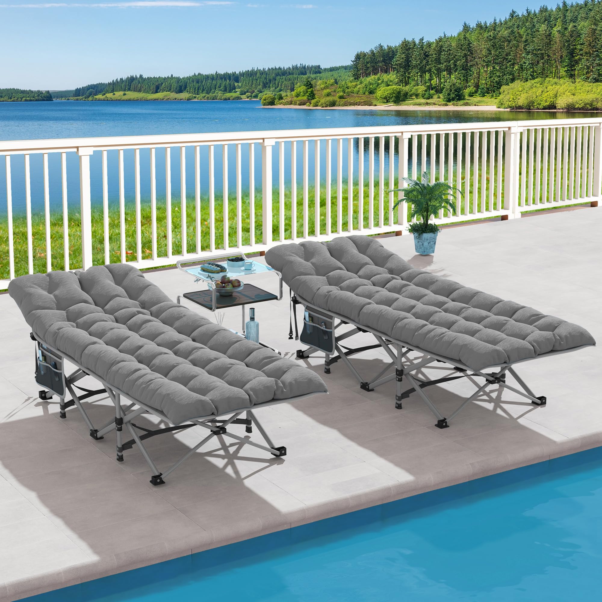 DWVO 2PCS Camping Cots Portable Recliner Lounge Chair w/Mattress Outdoor Folding Cot Heavy Duty 575 LB Capacity 1200D Oxford w/Carry Bag Travel Camp Bed for Camping, Office, Traveling, Grey