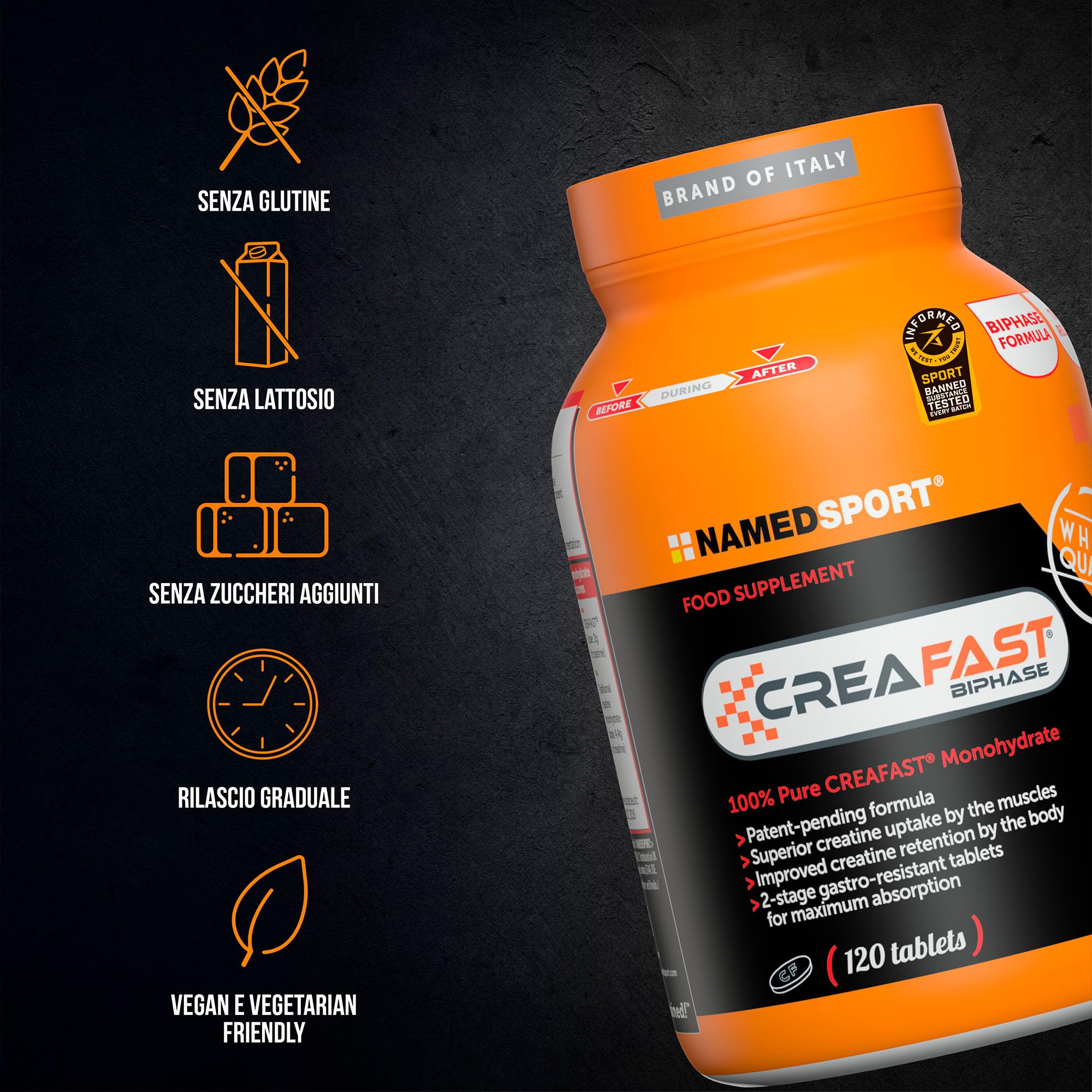 NAMEDSPORT Creafast 120 Compresse | Creatina Monoidrato per Performance e Recupero Muscolare | Integratore per Sportivi, Fitness e Bodybuilding | Pre e Post Workout