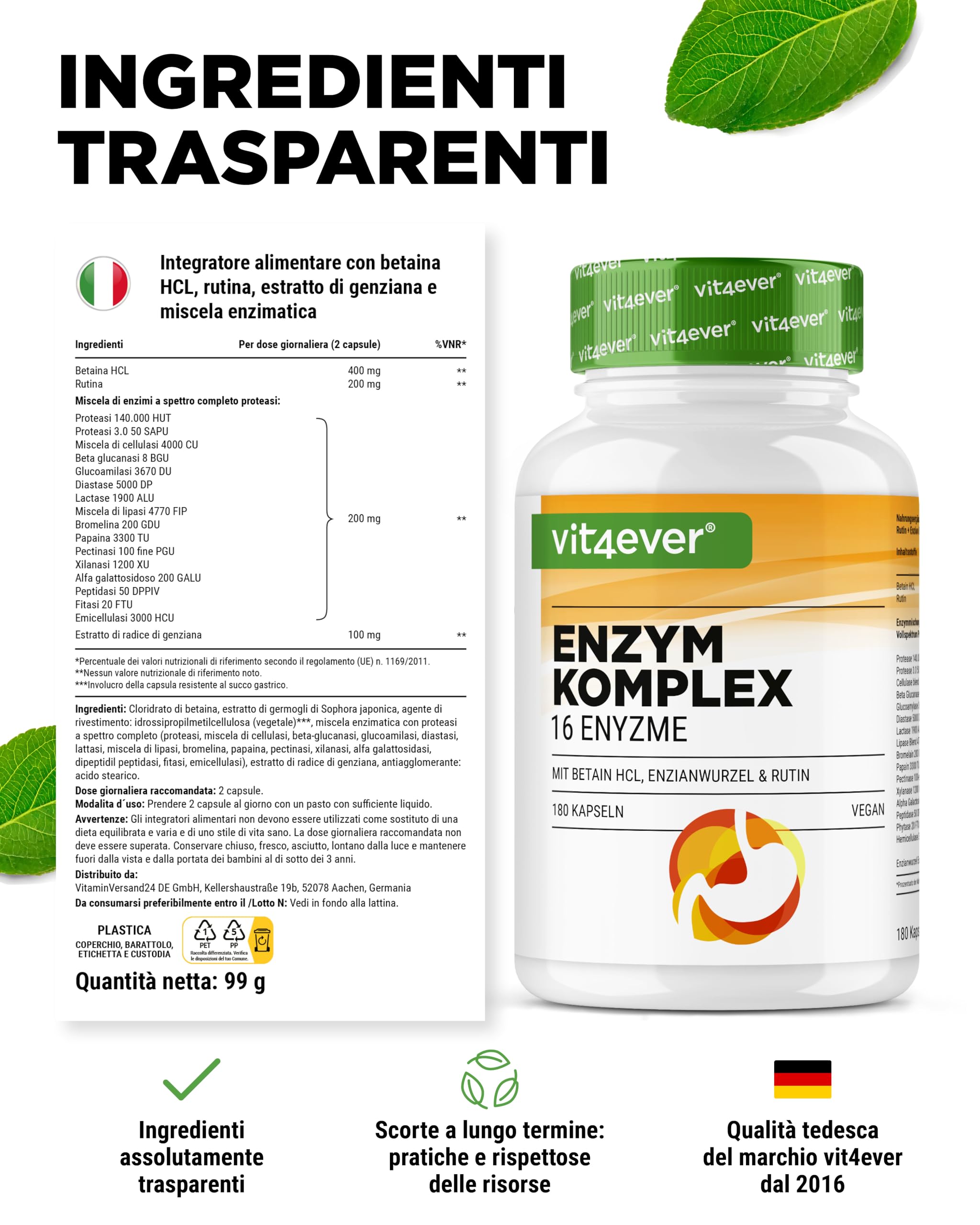 Enzimi Digestivi - 180 Capsule con 16 Enzimi più Betaina HCL, Rutina e radice di Genziana - Con Bromelina, Papaina, Amilasi, Lipasi, Proteasi, Lattasi - Vegano - Altamente Dosato
