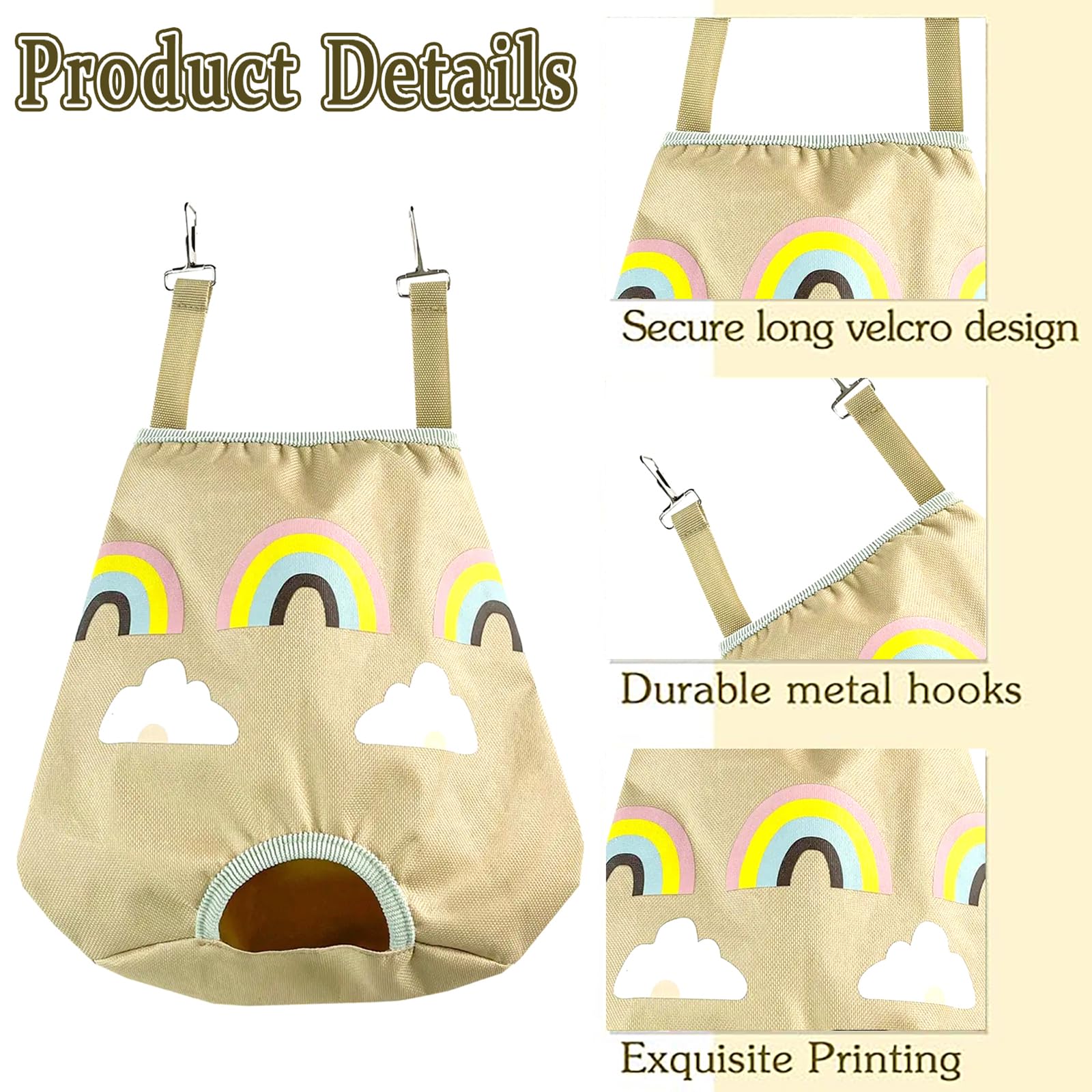 Rabbit Hay Feeder Bag for Guinea Pigs and Chinchillas | Cute Rainbow Design, Washable Oxford Cloth, Single Hole Timothy Hay Holder - image 4