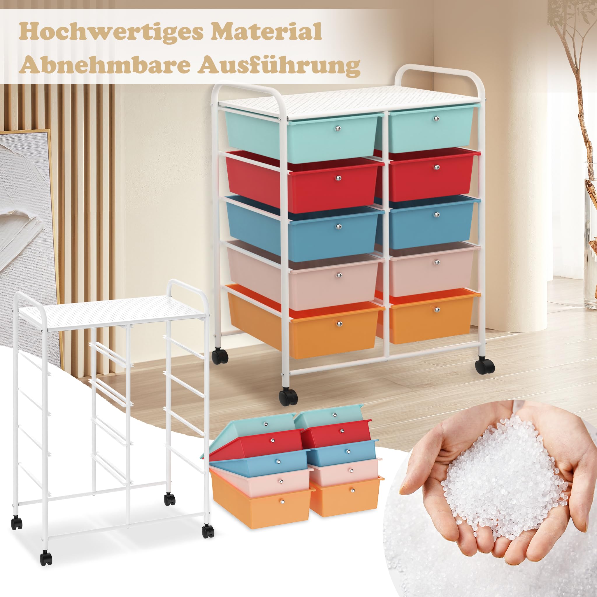 Carrello con 10 cassetti, impilabile, colorato, con struttura in metallo e ripiano, per ufficio, soggiorno (65 x 37 x 87 cm)