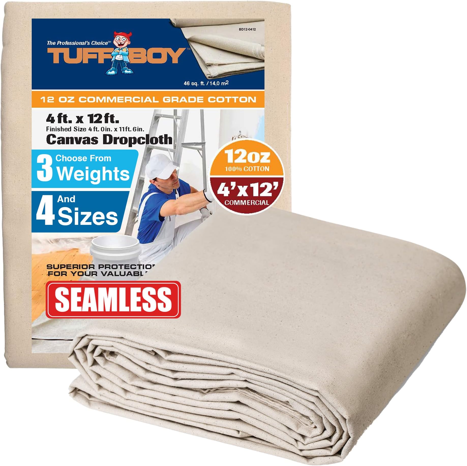 12oz All Purpose Canvas Drop Cloth 4x12ft – Commercial-Grade Heavy Duty Cotton Canvas Tarp Cover – Seamless, Washable & Reusable Painters Drop Cloth for Painting, Furniture & Floor Protection