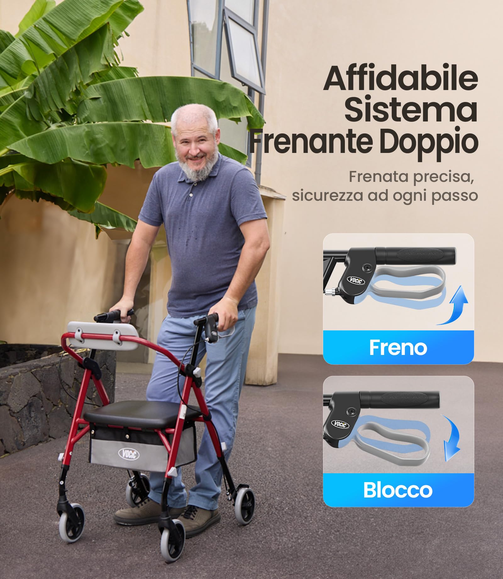 VOCIC Deambulatore pieghevole e leggero con seduta, 6,3 kg ultraleggero | Deambulatore per anziani, max 150 kg, sedile ergonomico, altezza regolabile, walker stretto per casa & viaggi, granata
