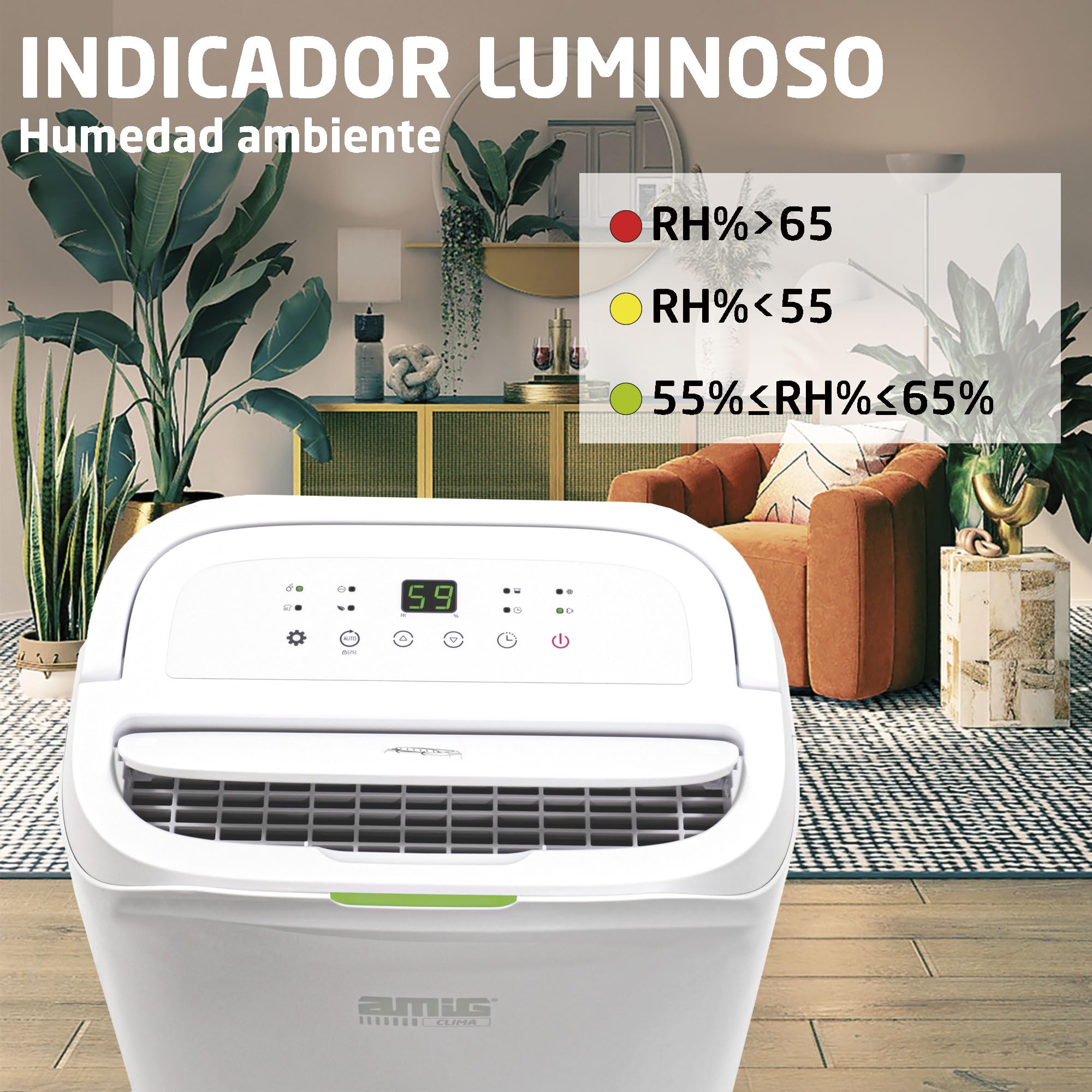 Amig Osuszacz MIST - Pojemność 16 l/dzień - Regulacja wilgotności i timer - Zdejmowany zbiornik na wodę 5,5L - 36x28x56 cm - 210W - Pokrycie 150m³/h - Cichy 39 dB - Suszenie w suszarce