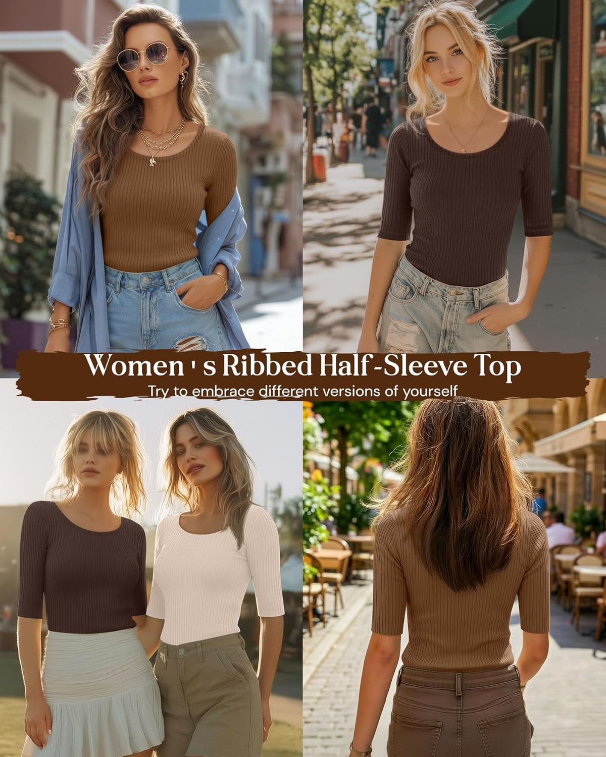 Ficerd 3 Pack Women's Half Sleeve Tops Ribbed Elbow Length Shirts Scoop Neck Slim Fit Summer Basic Tee Trendy Casual Blouses - Image 2
