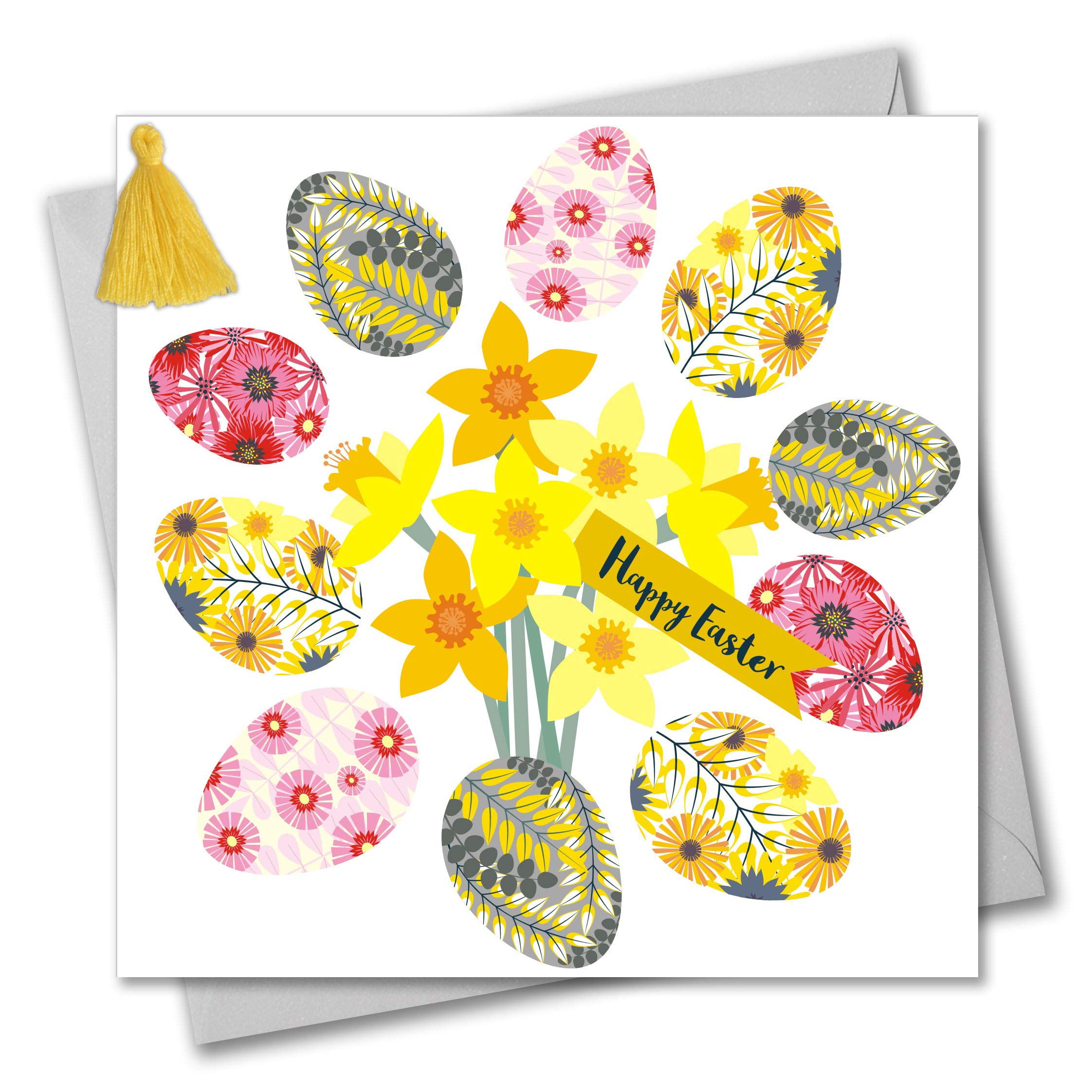 Claire Giles Greeting Cards, Happy Easter Card, Daffodils and Eggs Design Greeting Card, Embellished with a Colourful Tassel