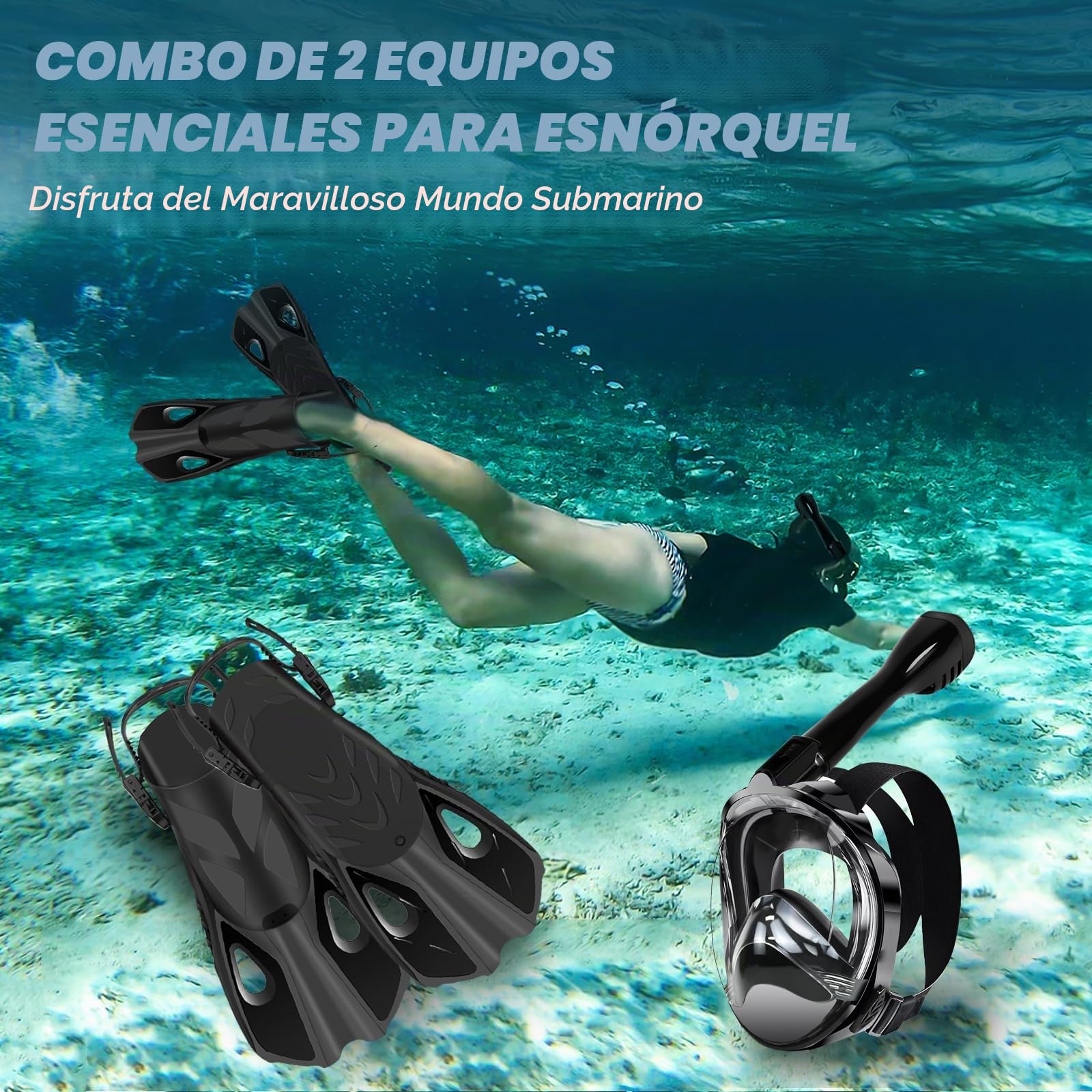 Joellfuner Máscara Snorkel Adulto, 180°Vista Máscara de Snorkel con Anti-Vaho, con Soporte de Cámara, Aletas Ajustables