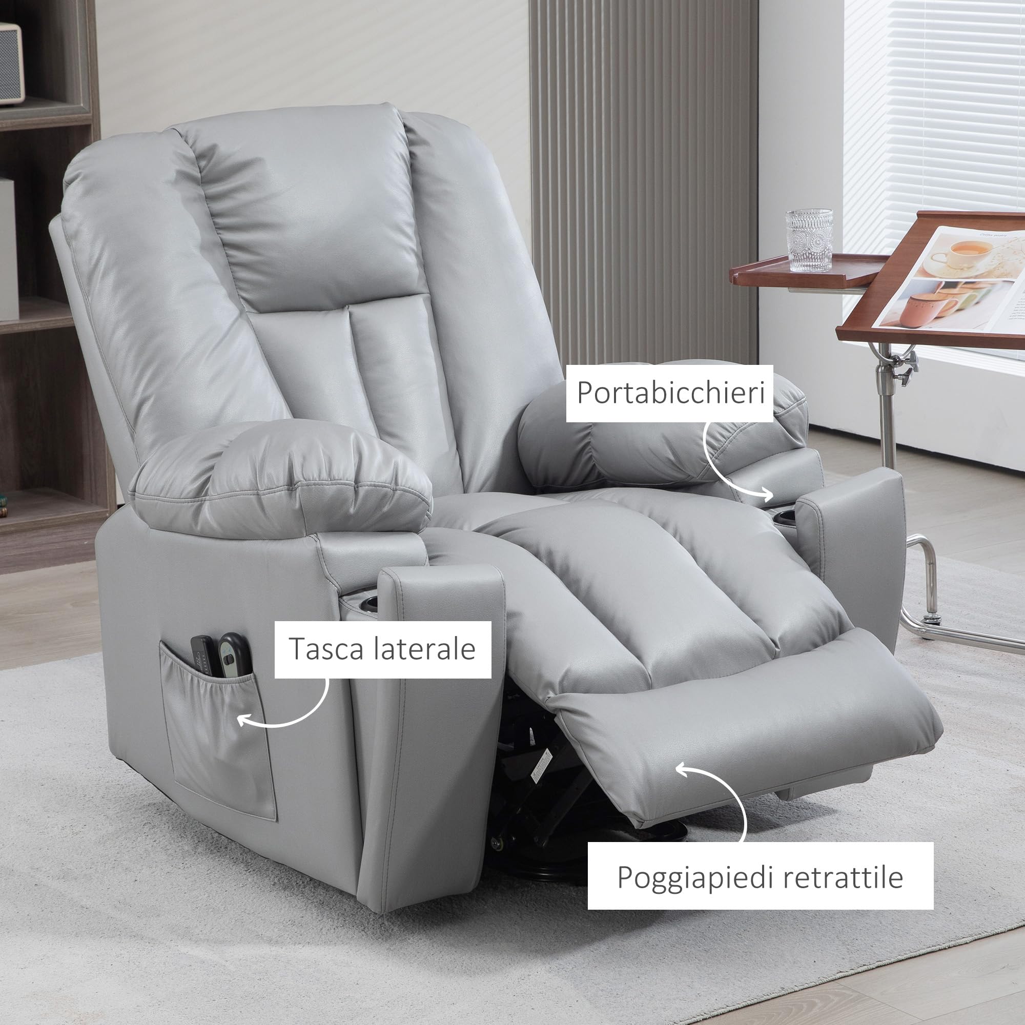 HOMCOM Poltrona Alzapersona Elettrica Reclinabile con 8 Punti Massaggianti e Telecomando, Poltrona Moderna in Microfibra, 94x96x106 cm, Grigio