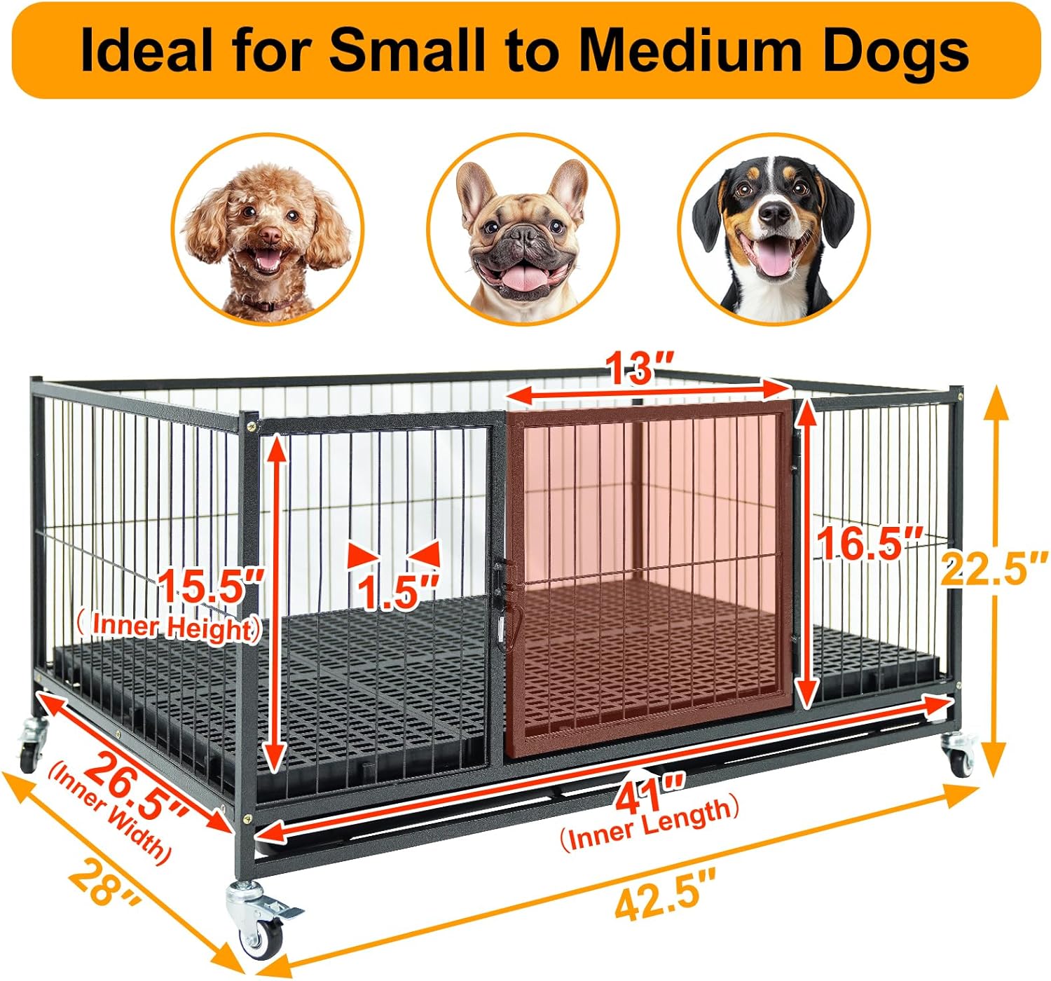 Homey Pet 42 Inch Dog Crate Cage Kennel, Stackable Dog Crates for Medium Small Dogs, Whelping Box for Puppies, Two Tiers Crates for Dogs Indoor with Removable Tray, 360° Lockable Wheels