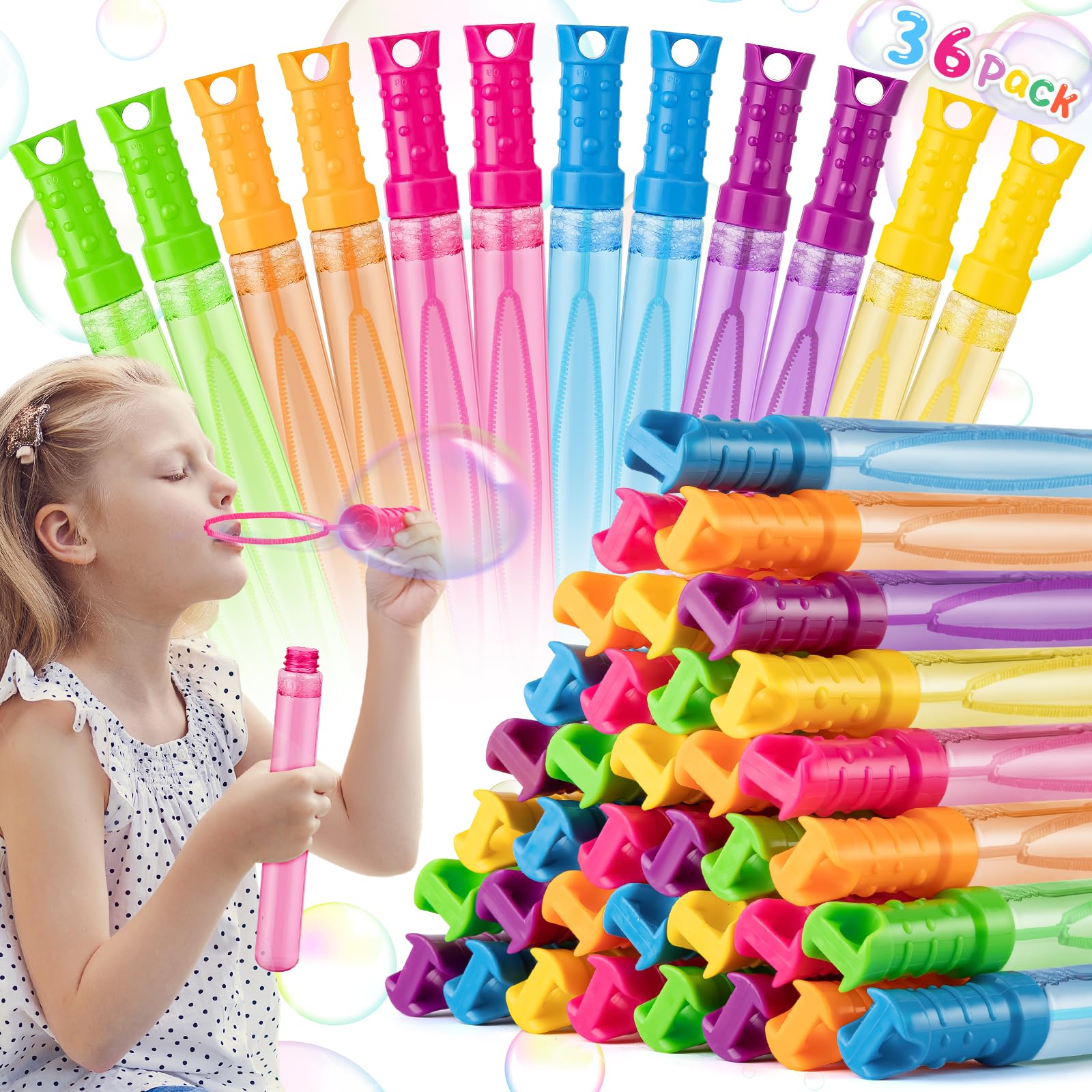 Paquete de 36 varitas de burbujas grandes a granel en 6 colores, ideales para Pascua, verano, Halloween, San Valentín, premios escolares