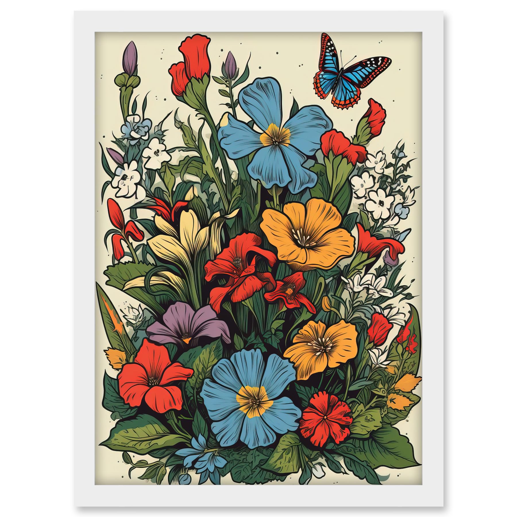 Artery8 Wildflower Meadow Colourful Tattoo Ink Body Art Rockabilly Americana 50s Artwork Framed A3 Wall Art Print