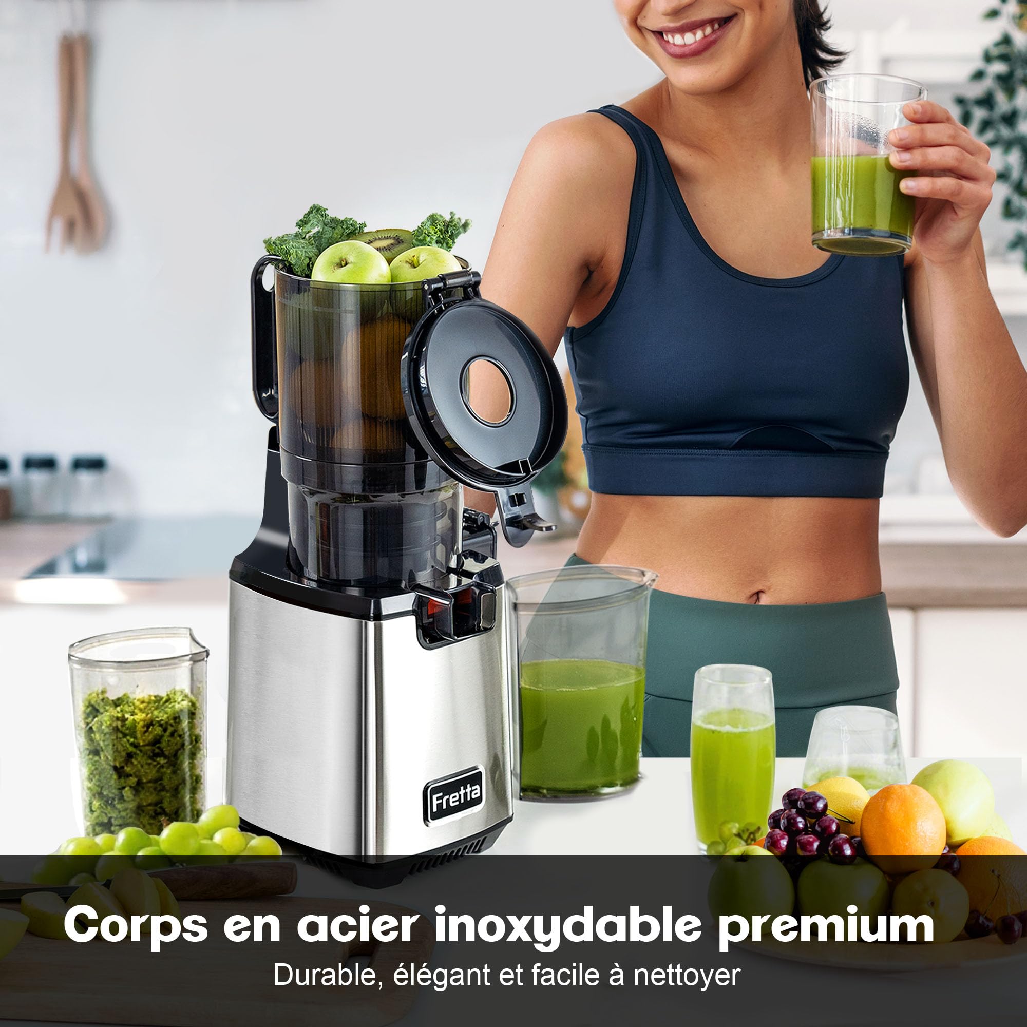 Fretta Extracteur de Jus à Mastication Lente 250W, Grande Goulotte 135mm, Sans BPA, Argenté
