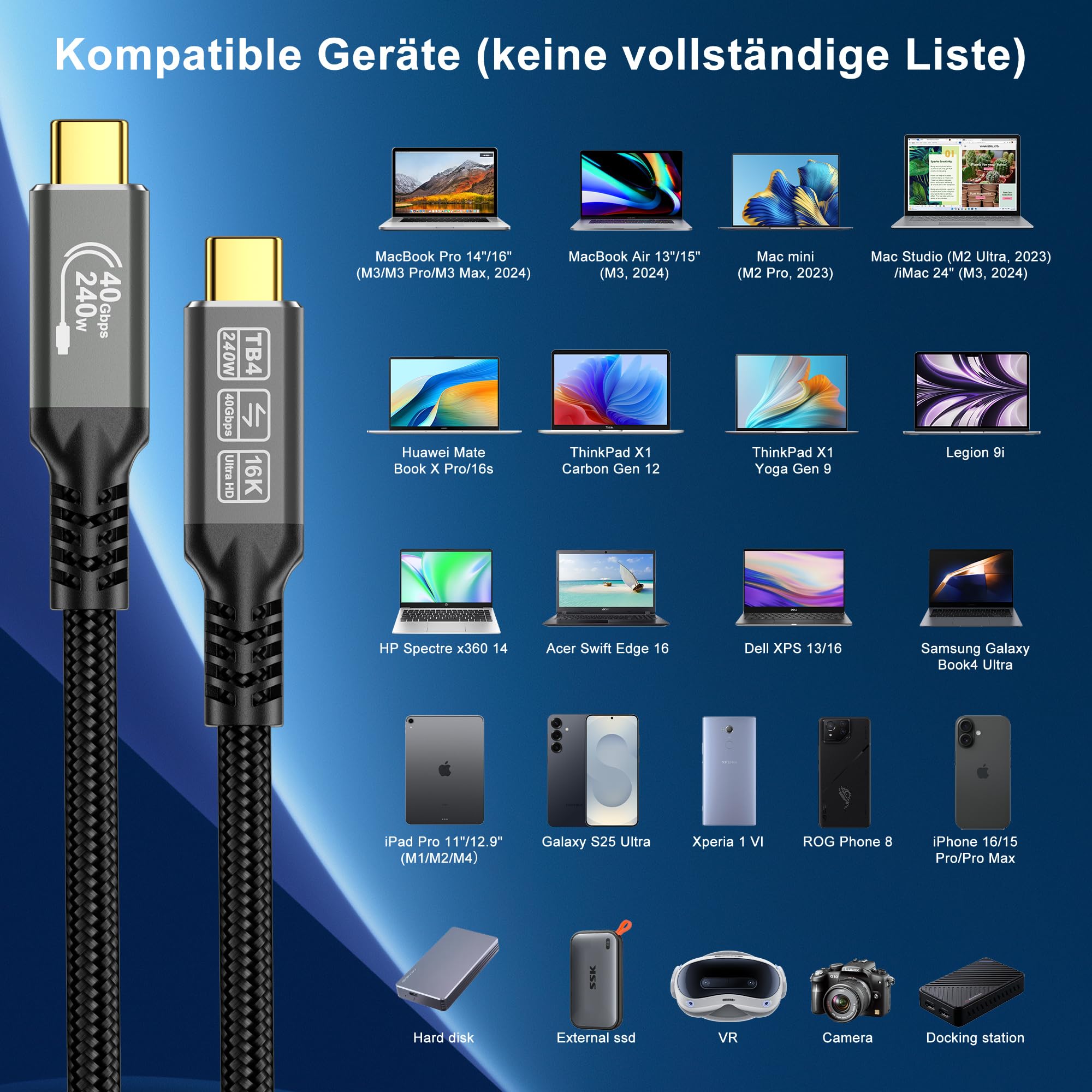 CAKOBLE thunderbolt 4 kabel 3m,16K@30Hz/8K@60Hz/4K@144Hz Video, 40Gbps datenkabel, 240W Schnellladung,USB 4 Kabel für Thunderbolt 5 Geräte,MacBook,Monitor, display,SSD,eGPU- Abriebfest & Stabil