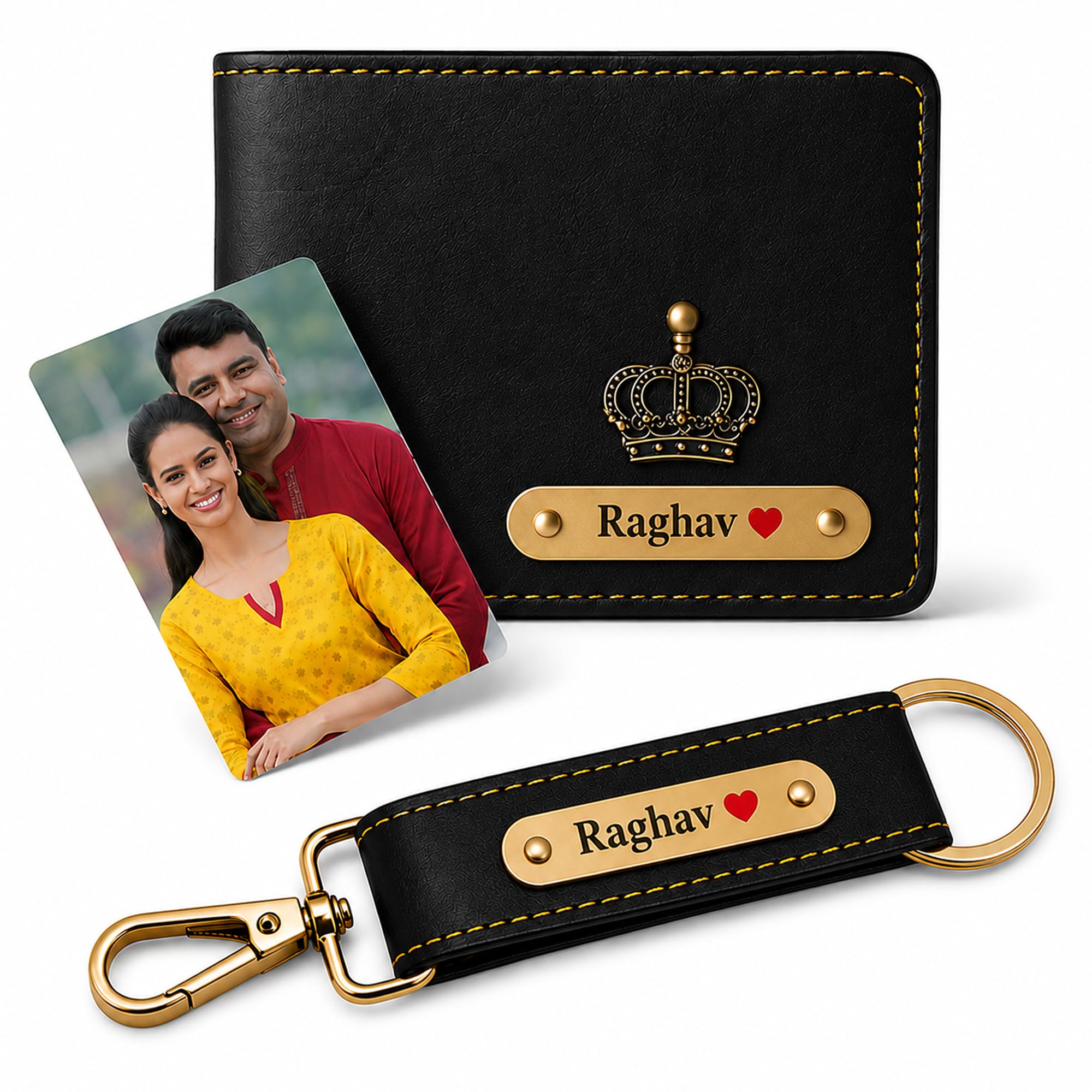 Customized Leather Wallet with Gold Metal Name Plate & Matching Keychain | Premium Personalized Gift for Men (Black)-image-8
