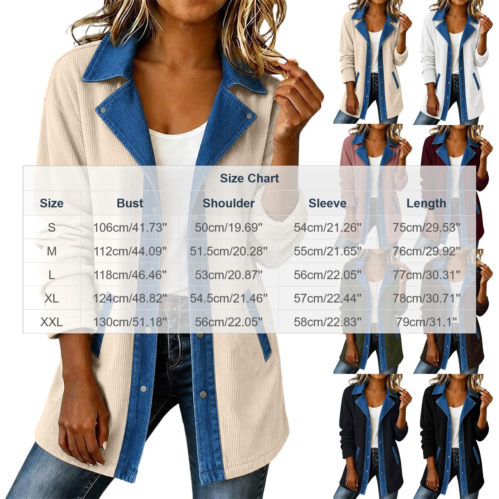 EMATOP Cordjacke Damen Lang Übergangsjacke Langarm Revers Denim Hemdjacke