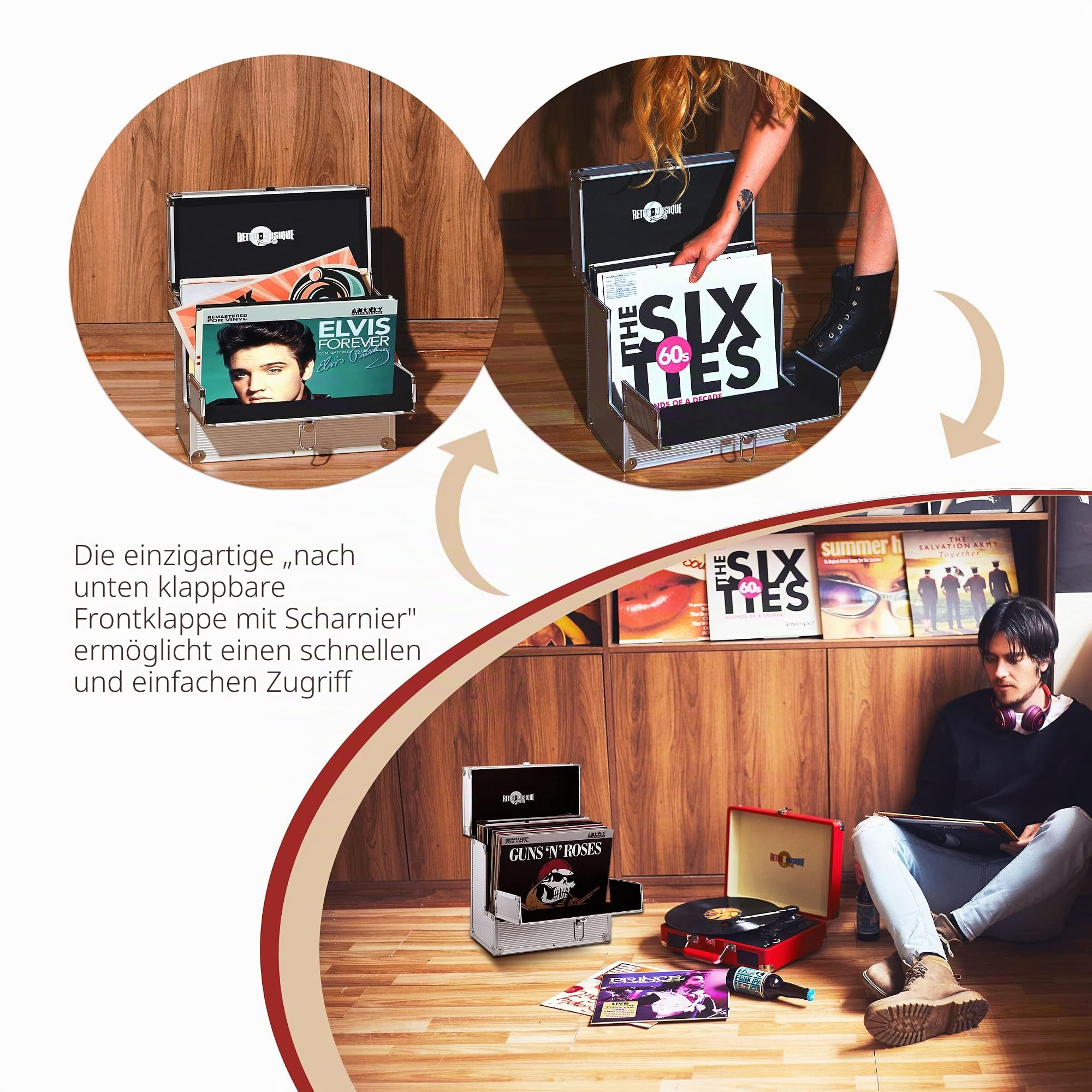 Aluminium-Box zur Aufbewahrung von Schallplatten (12 Zoll), mit einzigartiger zusammenklappbarer Klappe für besseren Zugang zu Ihren LPs