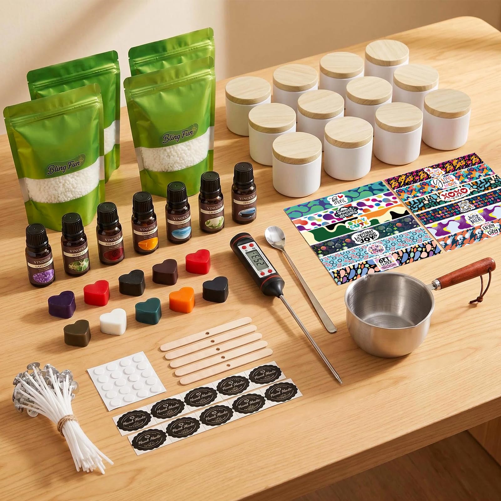 Blingfun Komplettes Kerzenherstellungs-Set – DIY Sojawachskerzenherstellungszubehör für Erwachsene und Anfänger, mit Sojawachs, Kerzendosen, Schmelztopf, ätherischen Ölen, Thermometer, Dochten und