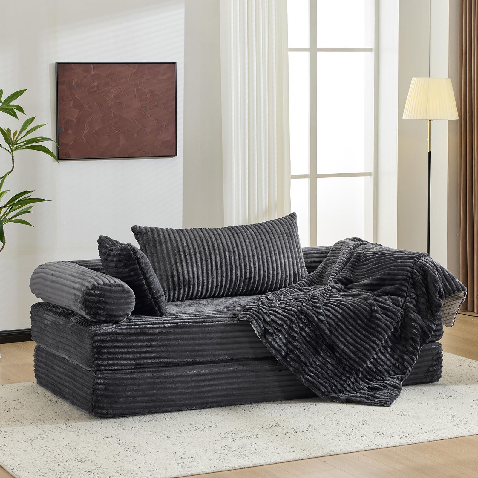 VINGLI Convertible Futon Sofa Bed, Upholstered Corduroy Boneless Couch King Size Floor Loveseat Sleeper Sofa with 2-in-1 Throw Pillow & Blanket Couches for Living Room, Bedroom, Lounge, Dark Gray