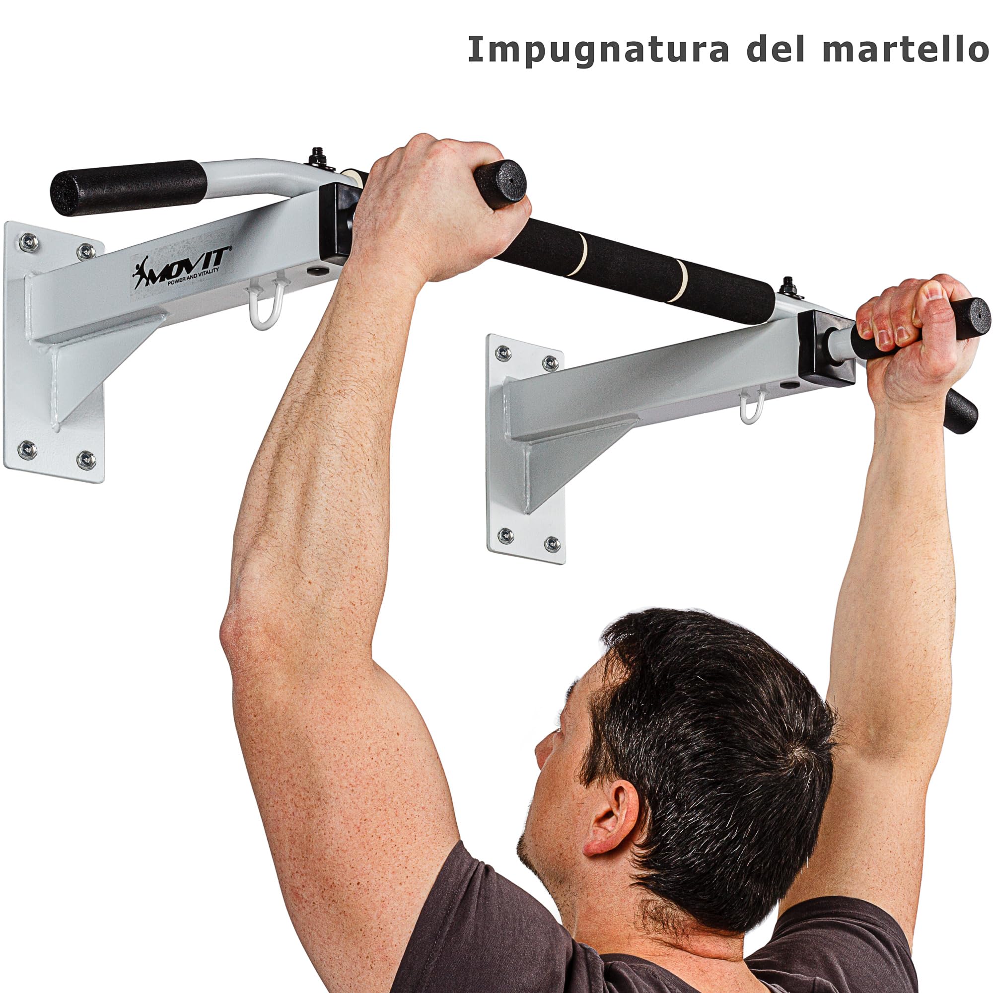MOVIT Barra per Trazioni - a Muro, Professionale, Carico Massimo 350 kg, in Acciaio, Multifunzione, Antiscivolo, con Gancio e Viti - Sbarra per Sollevarsi, Allenamento, Fitness, Pull up Bar, Chin Up