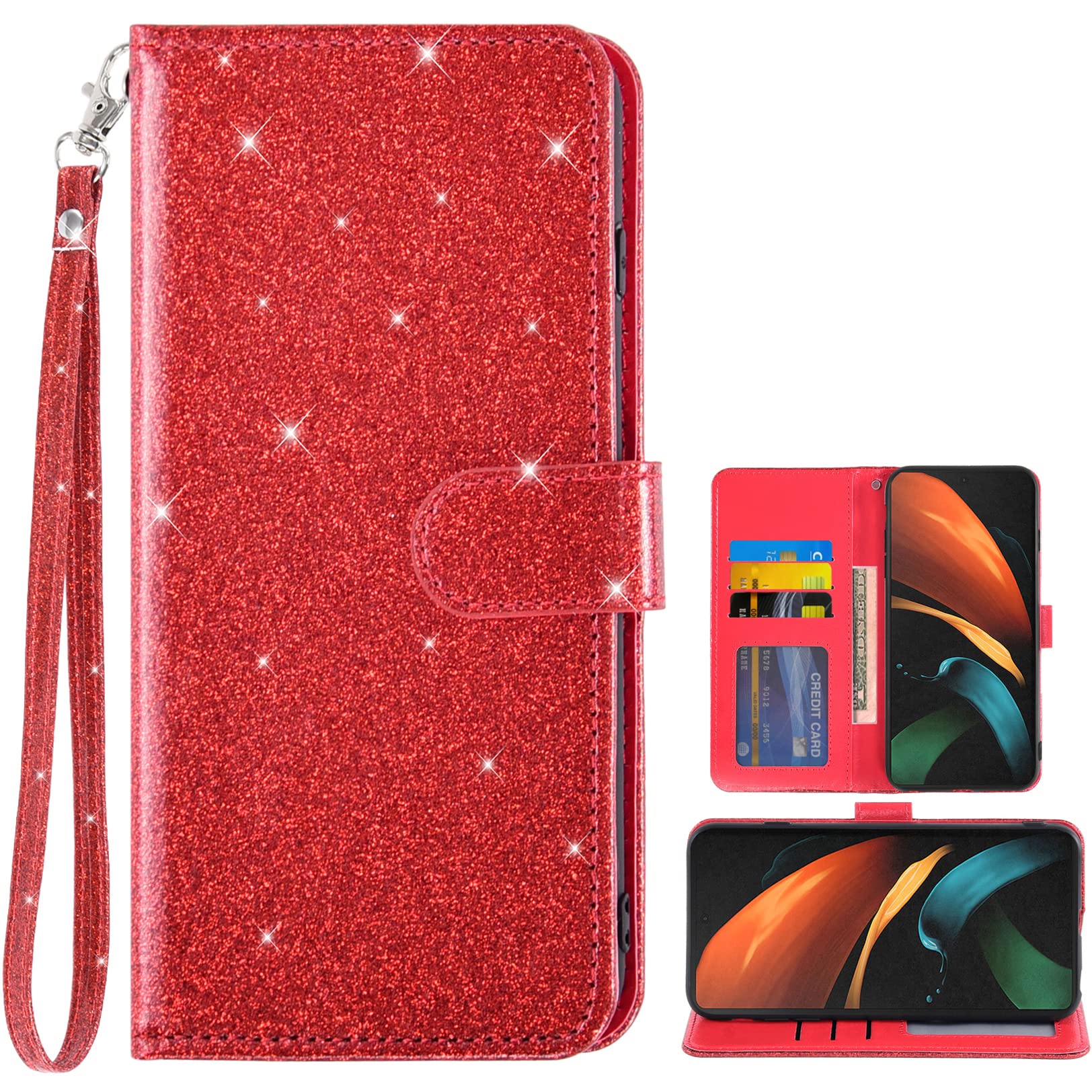 Asuwish Phone Case for Samsung Galaxy Z Fold 3 5G 2021 with Glitter Wallet Cover Flip Card Holder Slot Stand Kickstand Rugged Folio Cell Accessories