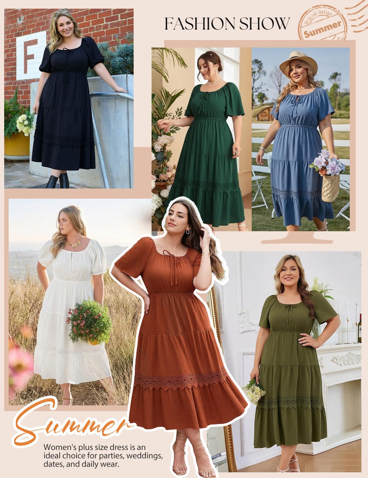 CMTOP Sommerkleid Damen Große Größen Kleider Sommer Maxikleider Elegant Quadratischer Ausschnitt Midikleid Gerafft Lang Freizeitkleid Leicht Fließend Strandkleid Kurzarm A Linie