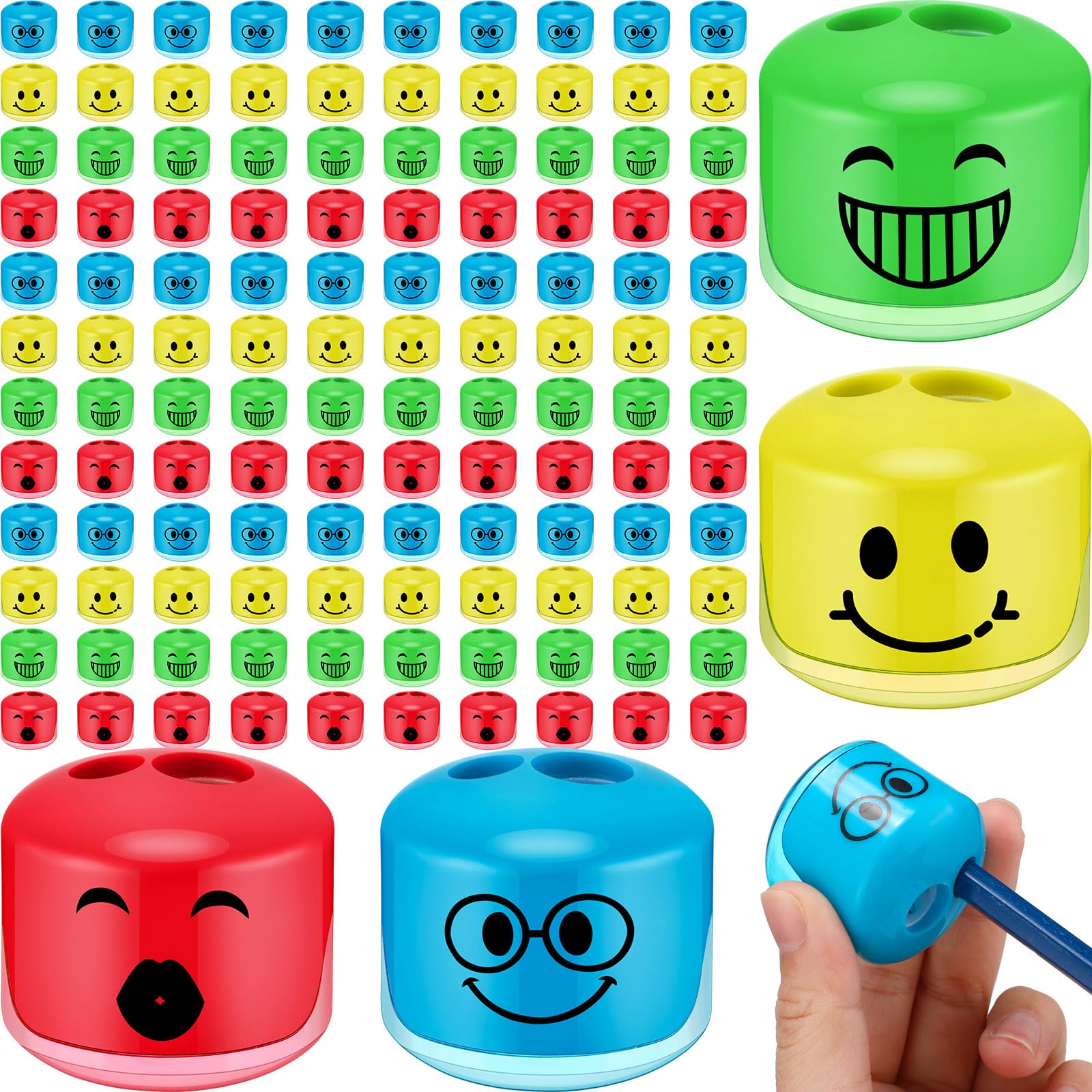 Crtiin 120 Pcs Pencil Sharpeners Cartoon Smile Small Pencil Sharpener Handheld Manual Dual Holes Gifts for Christmas Office Art Room