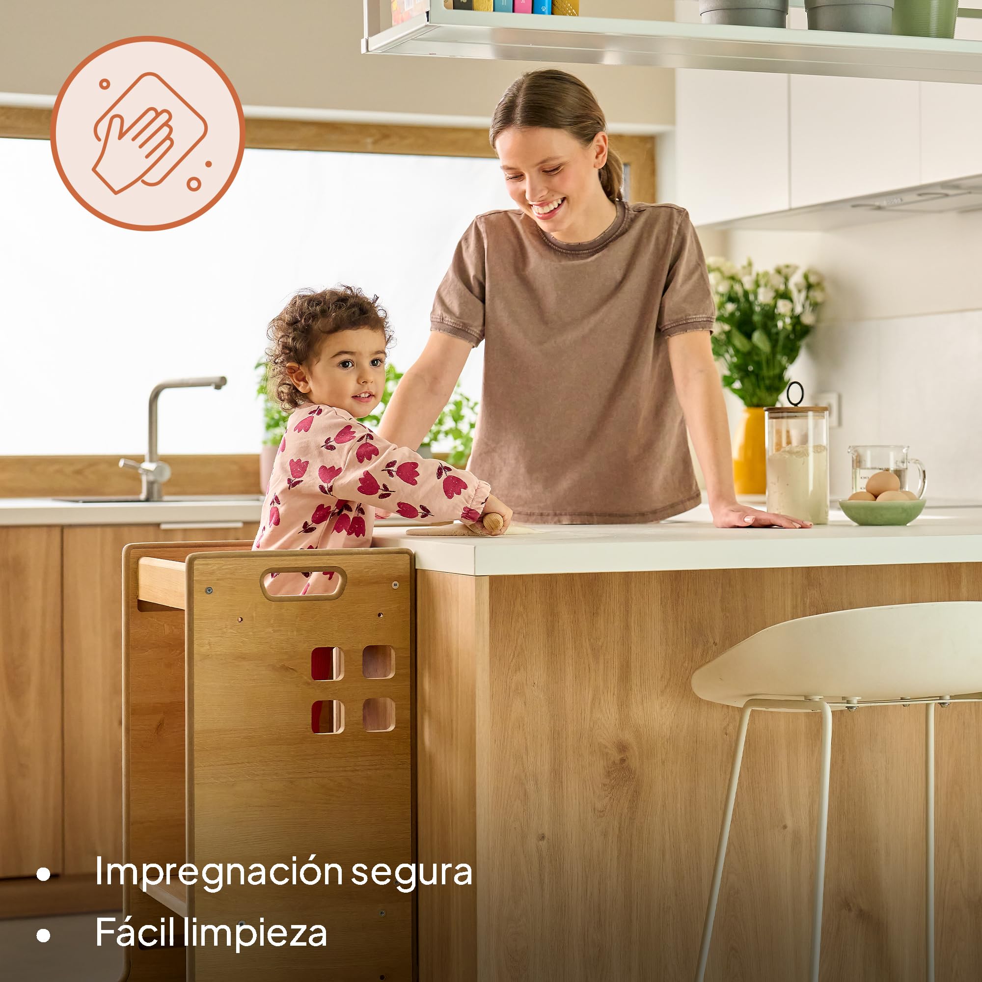 LIONELO CASS Ayudante de Cocina 2 en 1 Torre de Aprendizaje Montessori Desde 1 Año Barra de Seguridad Ajustable en Altura Robusto Taburete de Cocina Estantería Librería Hasta 30 kg