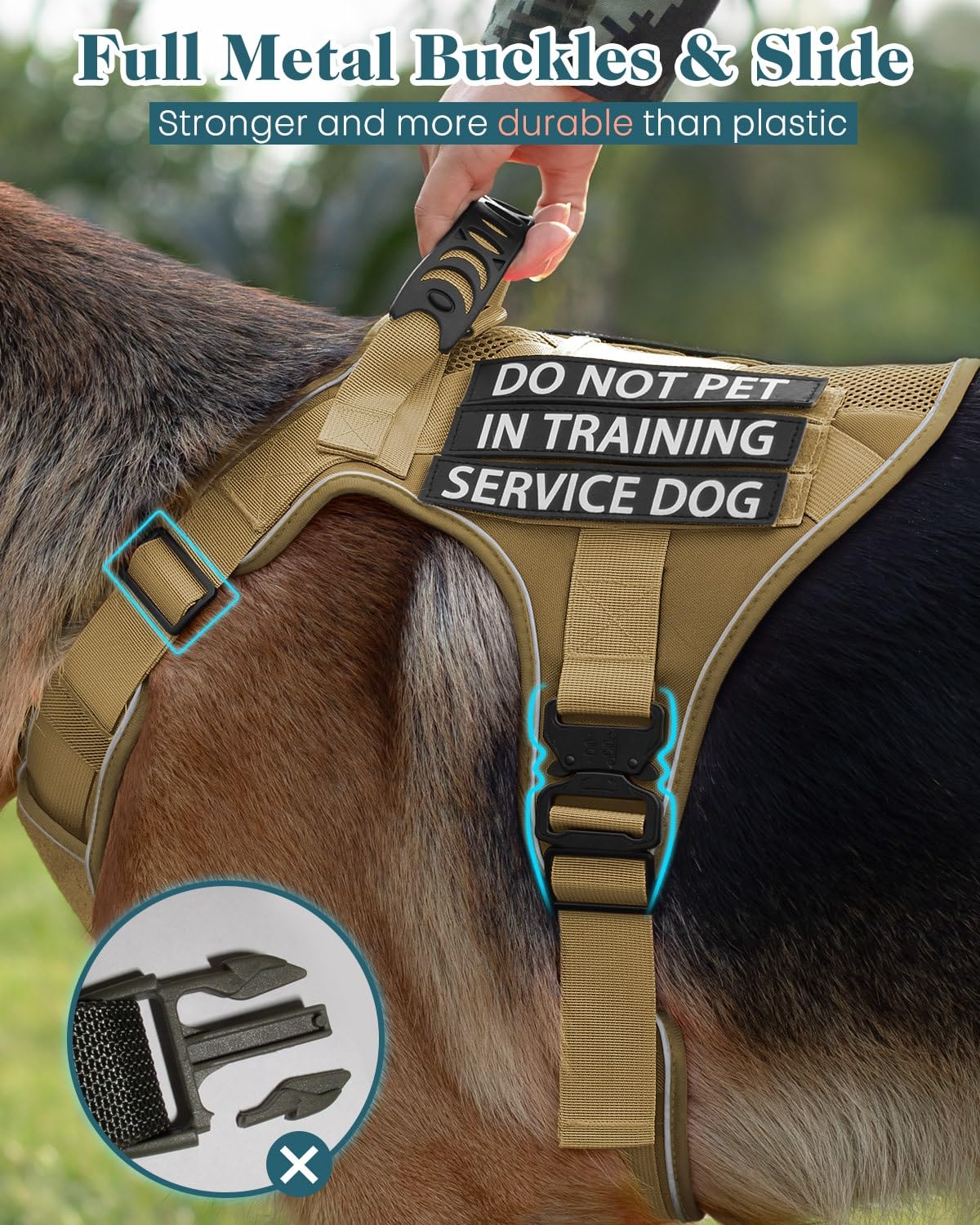 Taktisches Hundegeschirr, strapazierfähig, Netzgewebe, atmungsaktiv, kein Ziehen, Kontrollgriff, Klettverschluss, Molle-Panel mit 6 abnehmbaren Ptaches für Spaziergänge, Training, Wandern