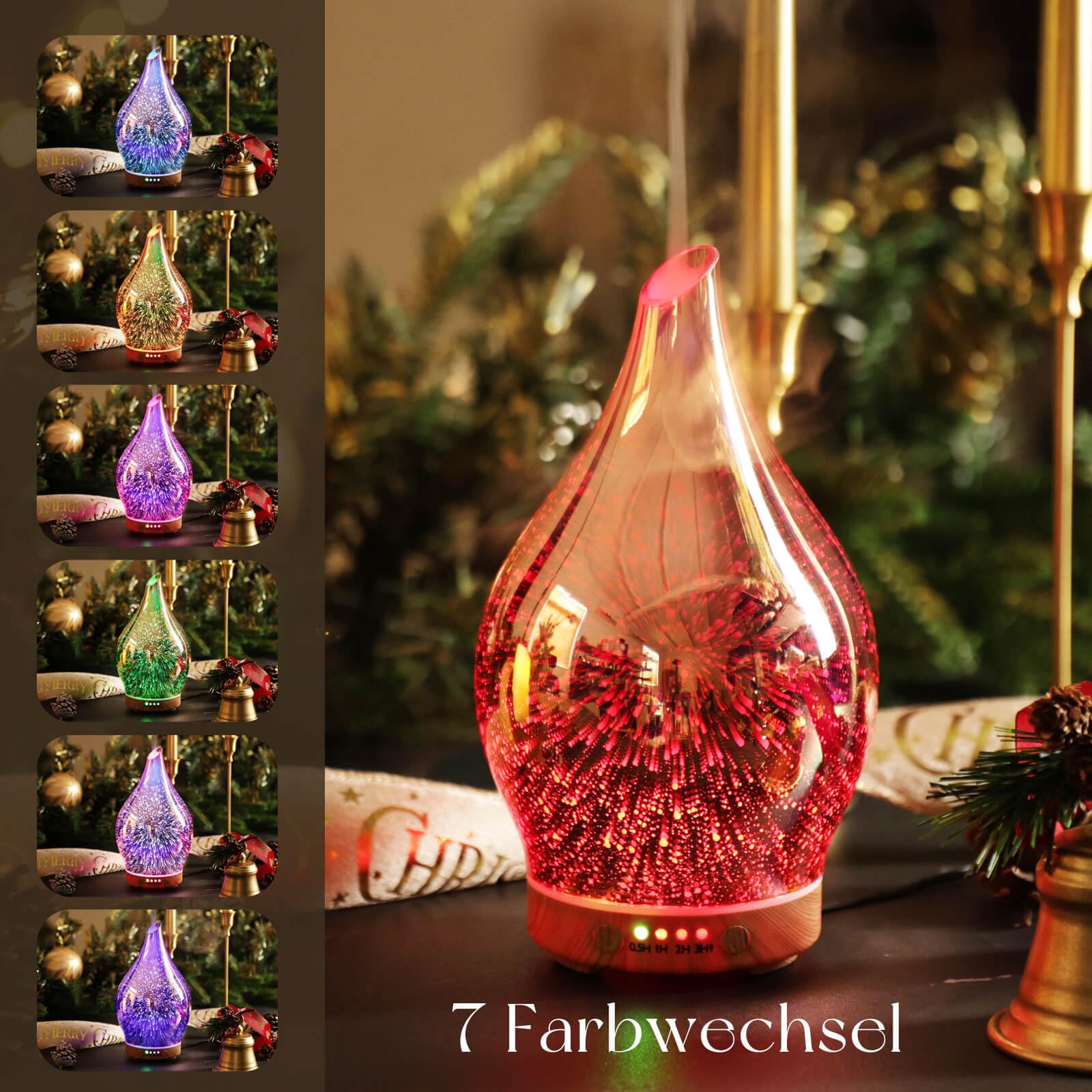 Porseme Aroma Diffuser 150ml, Handgeblasen 3D Glas Luftbefeuchter, Ultraschall Aromatherapie Öle Diffusor mit 7 farbigem LED Licht, Diffusor für Ätherische Öle mit Timer BPA Frei für Wohnung(RoseGold)