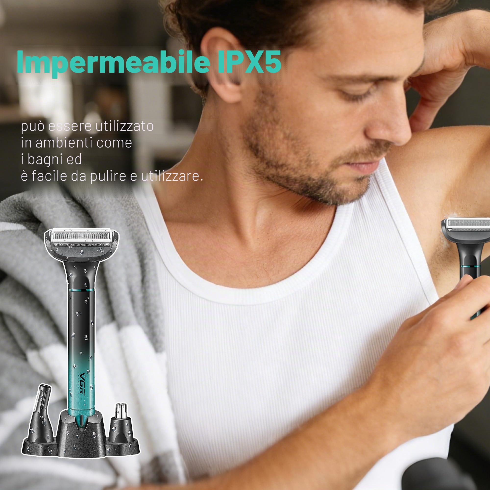 VGR 625 Rasoio Intimo Uomo 3 in 1, Body Groomer Uomo Senza Fili, Rifinitore Peli del Naso e del Corpo con Base, Adatto per Petto, Gambe, Ascelle, Naso e Viso, IPX5, Verde