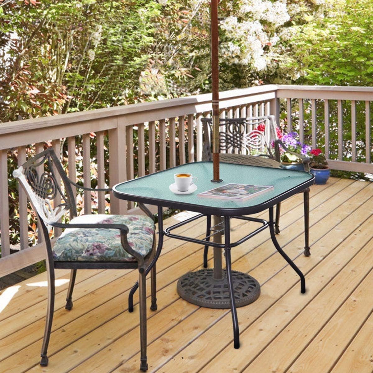 Outdoor Glass Table, Tempered Tabletop & Umbrella Hole Square Outside Bar Table, Ideal for Garden, Pool, Patio Furniture, Dark Bronze Brown