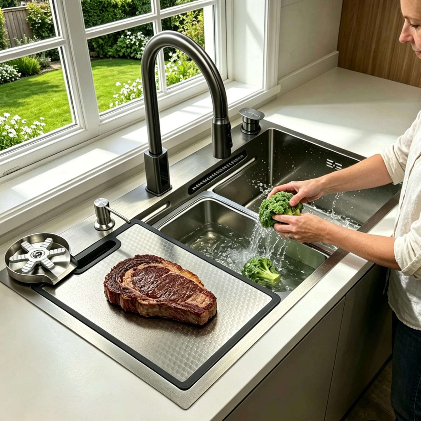 Lavello da cucina a cascata, 90 x 50 cm, con indicatore della temperatura, in acciaio inox 304 spazzolato, lavello multifunzione con manopola, dispenser di sapone, lavello per bicchieri, tagliere e