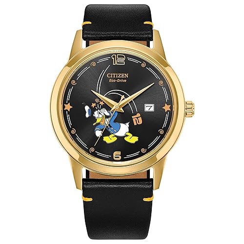 Citizen Men's Eco-Drive Disney Donald Duck Watch, Black Leather Strap,