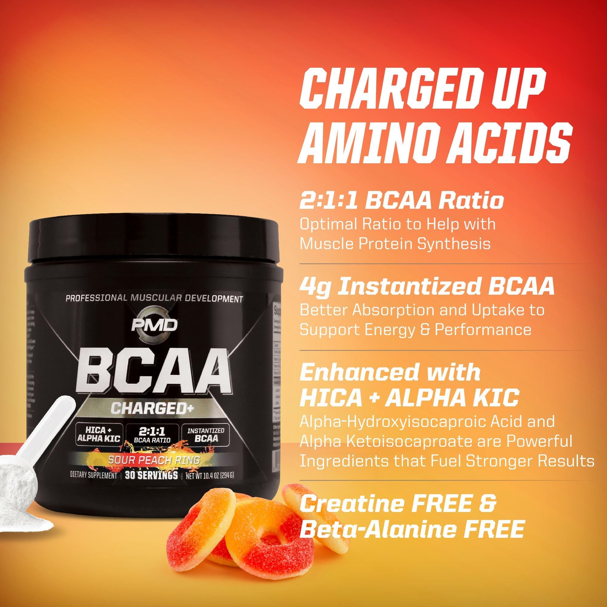 PMD Sports BCAA Charged Delicious Amino Acid Drink Mix for Performance and Recovery - Increase Muscle Function for Workout and Daily Energy - Sour Peach Ring (30 Servings) — Amazon image 5