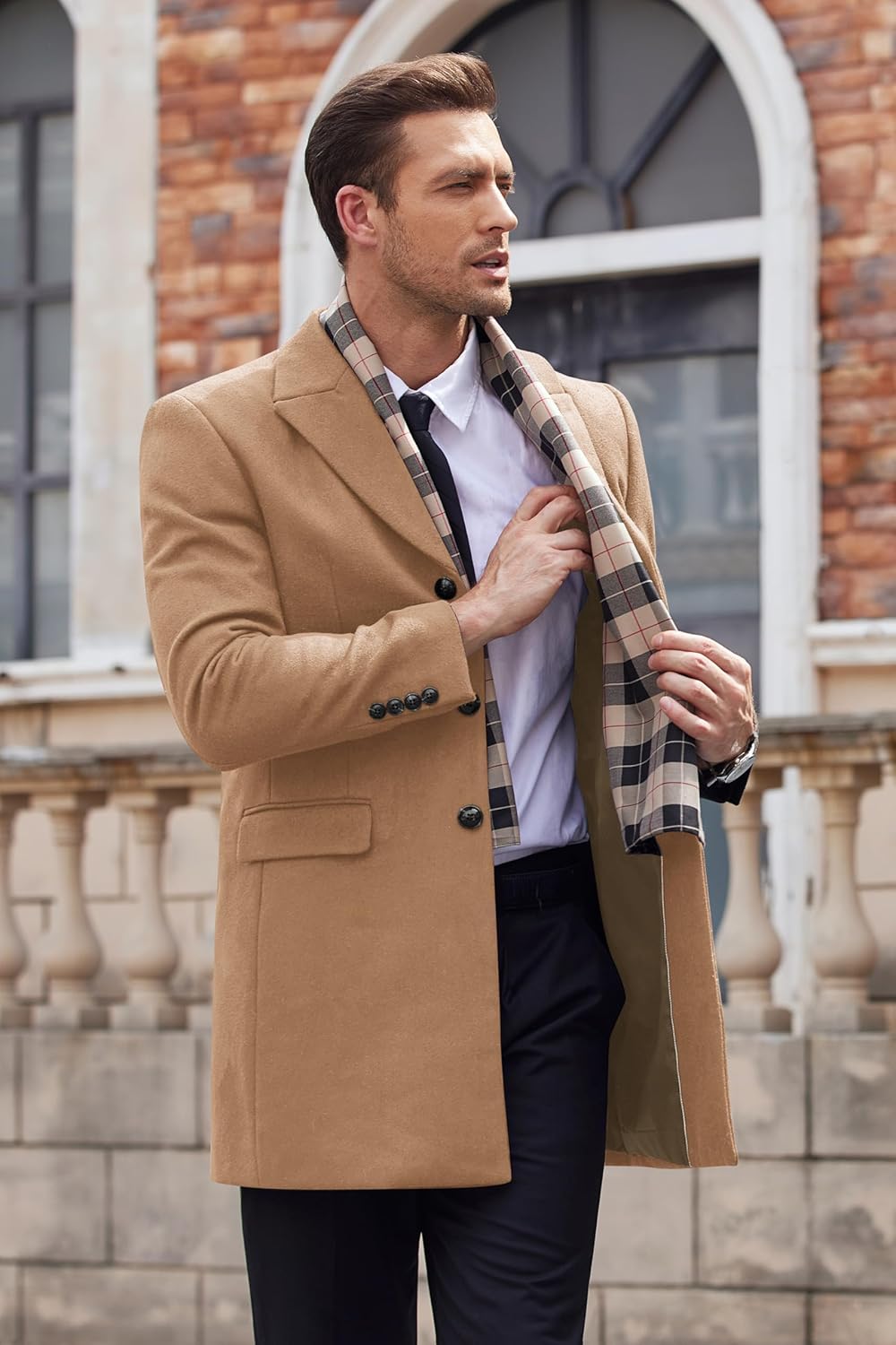 COOFANDY Men's Wool Blend Coat with Detachable Plaid Scarfs Notched Collar Single Breasted Pea Coat Trench Overcoat - Image 2