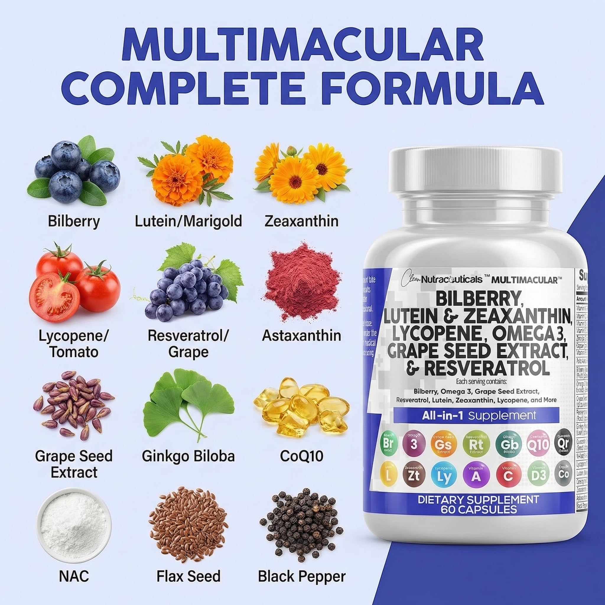 Clean Nutra Eye Vitamins with Bilberry Lutein and Zeaxanthin Supplements Lycopene 40mg Resveratrol Grape Seed Astaxanthin for Eyes - Eye Care Health Support Eye Vitamin and Mineral Supplement — Amazon image 4