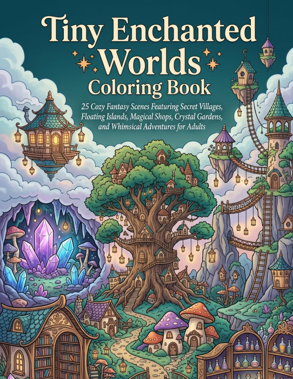 Tiny Enchanted Worlds Coloring Book: 25 Cozy Fantasy Scenes Featuring Secret Villages, Floating Islands, Magical Shops, Crystal Gardens, and Whimsical Adventures for Adults