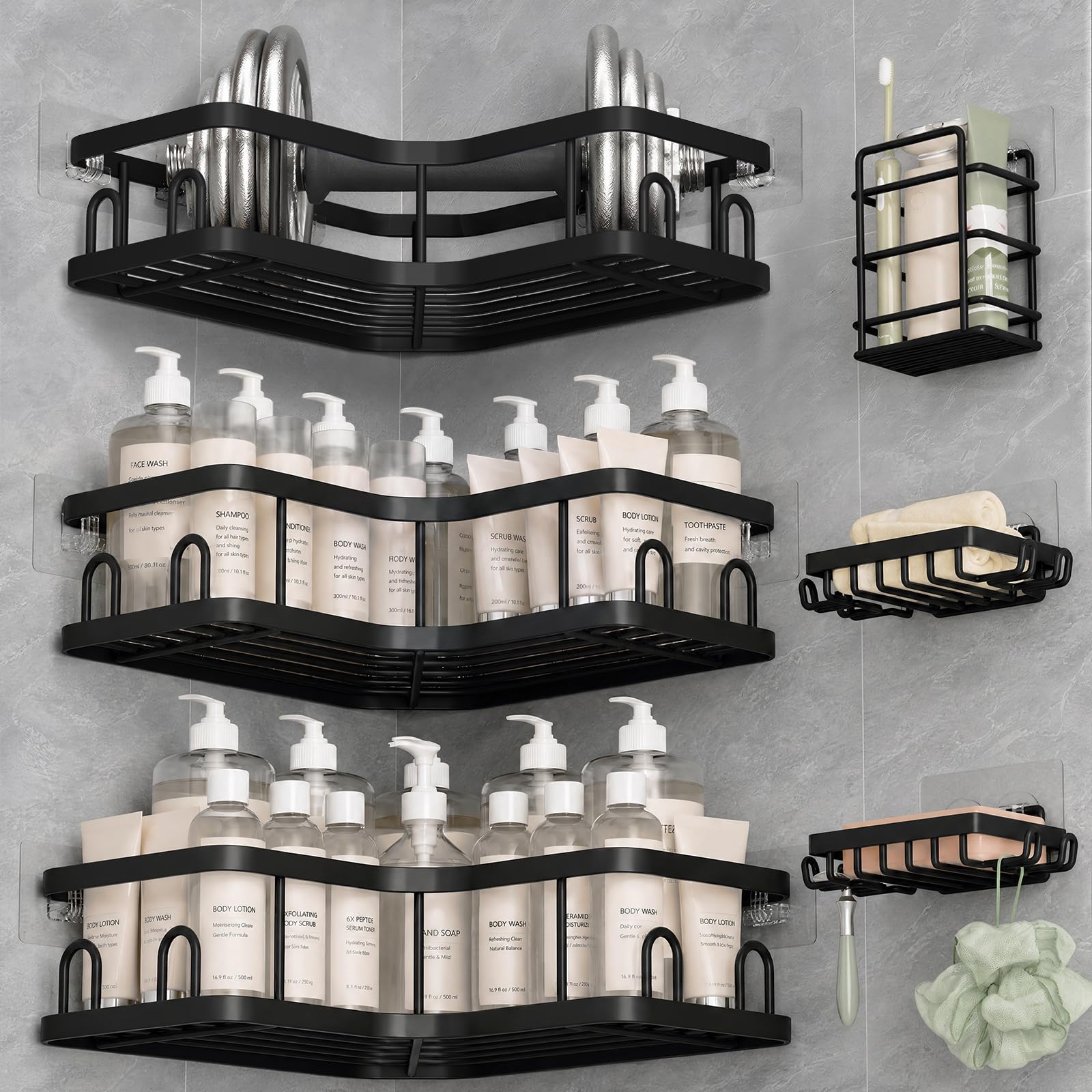 Veken Large Capacity Corner Shower Caddy 6-Pack, Advanced Rustproof Design | No Drilling Adhesive Shelves, High-Load Rack with Soap Dishes & Toothbrush holder, Bathroom Organizers and Storage, Black