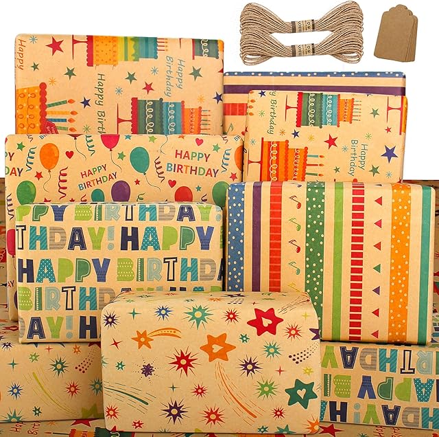 Wrapping Paper Birthday Wrapping Paper Sheets-Recyclable Birthday Gift Wrap Set with Tag String-Eco Gift Wrapping Paper Kraft Present Wrapping Paper Birhtday Paper Birthday Wrap for Men Women Girl Boy