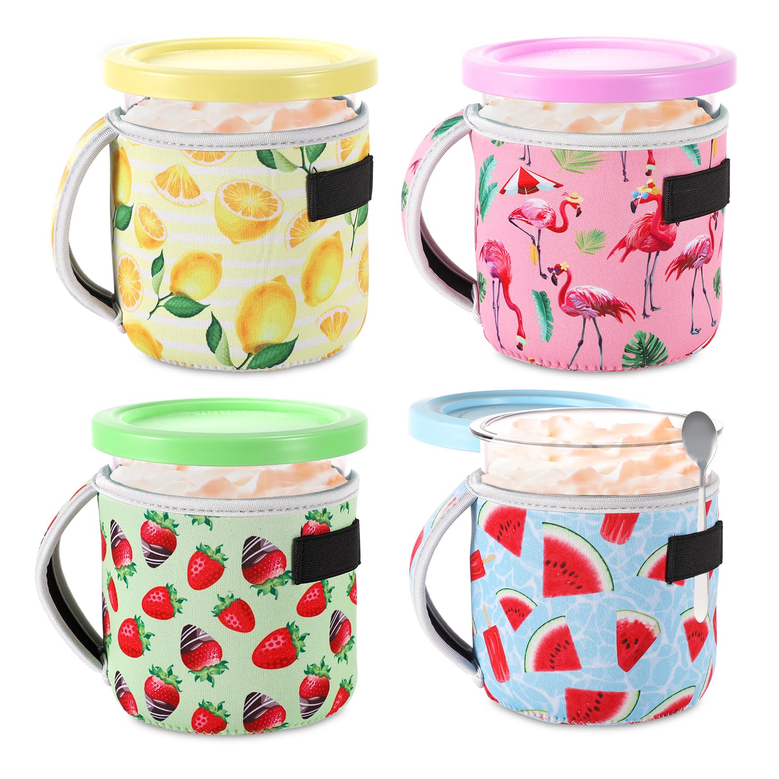 4pcs Ice Cream Neoprene Sleeves Summer Prints Sleeve Reusable Thermal Insulated Ice Cream Pint Holder Cover for Ninja