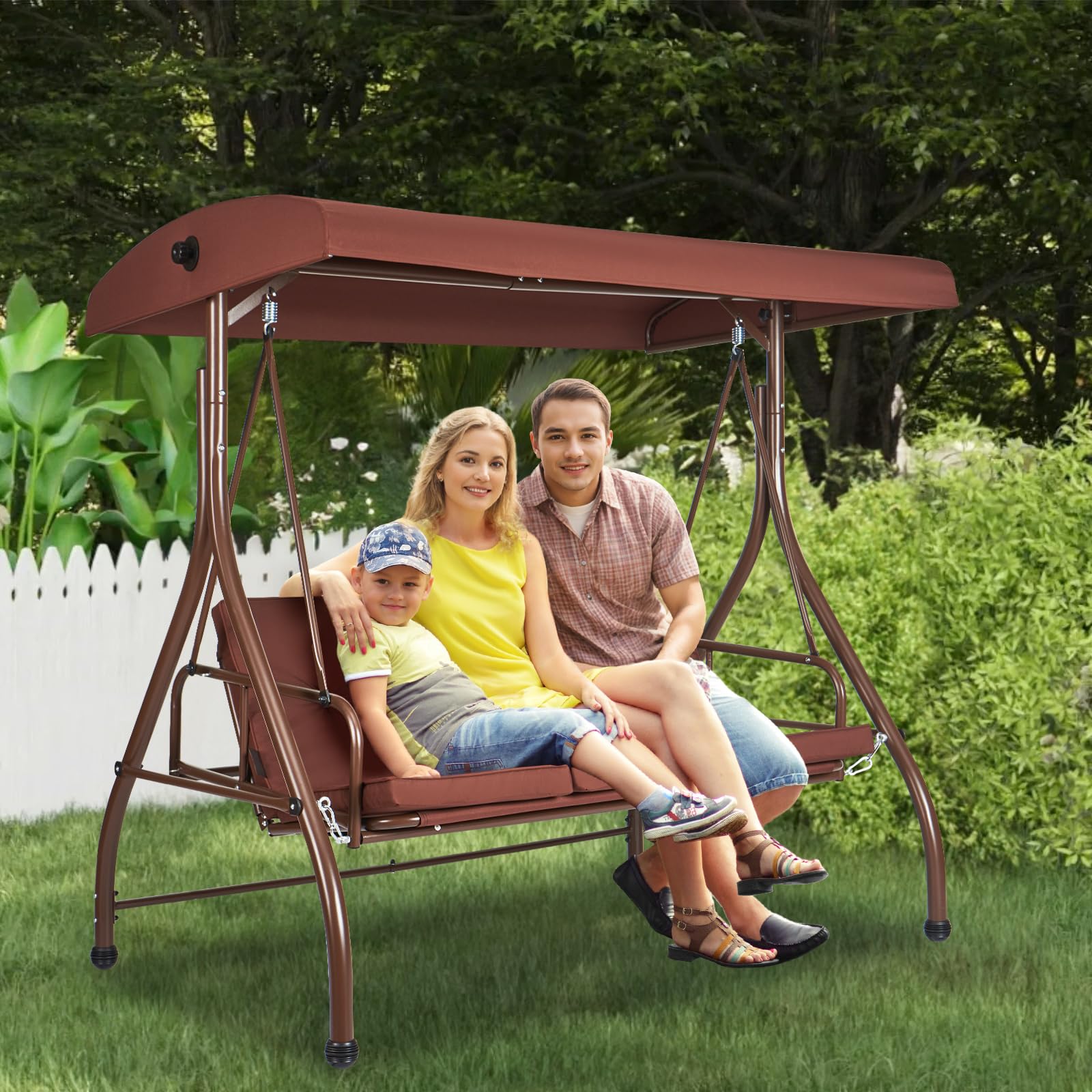 VEVOR Columpio de 3 Plazas para Terraza Columpio Convertible con Dosel Ajustable para Porche Exterior con Cojín Grueso Extraíble Marco de Acero de Aleación para Balcón, Jardín, Piscina, Marrón
