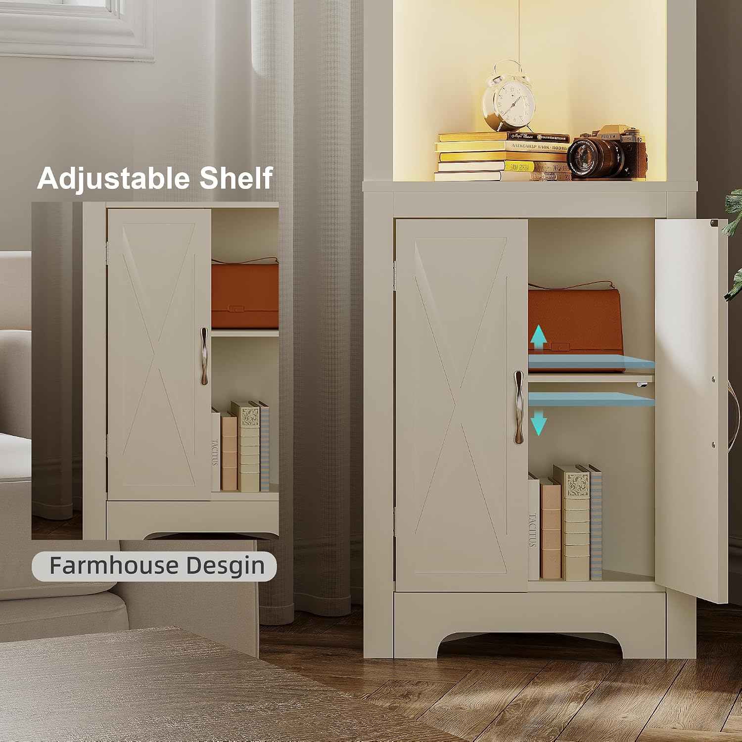 ChooChoo 66.5" Tall Corner Storage Cabinet with LED Lights, 5-Tier Corner Cabinet with Barn Door Design and Adjustable Shelf, Home Space Saver for Living Room, Soft White & Brown