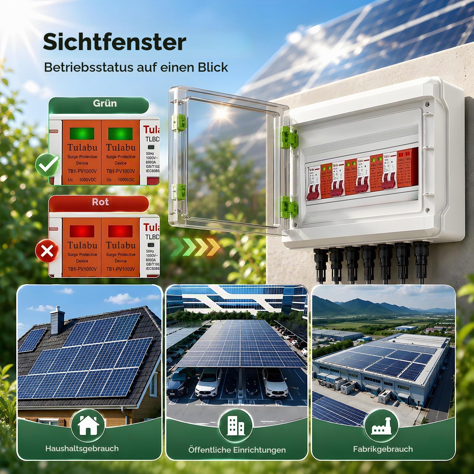 Überspannungsschutz PV, DC 40A/1000V 4 in 4 out Trennschalter Blitzschutz Leitungsschutzschalter 4 String 1000V DC 40A 20-40KA IP65 Wasserdicht Solar Anschlusskasten für Photovoltaik PV Anlage