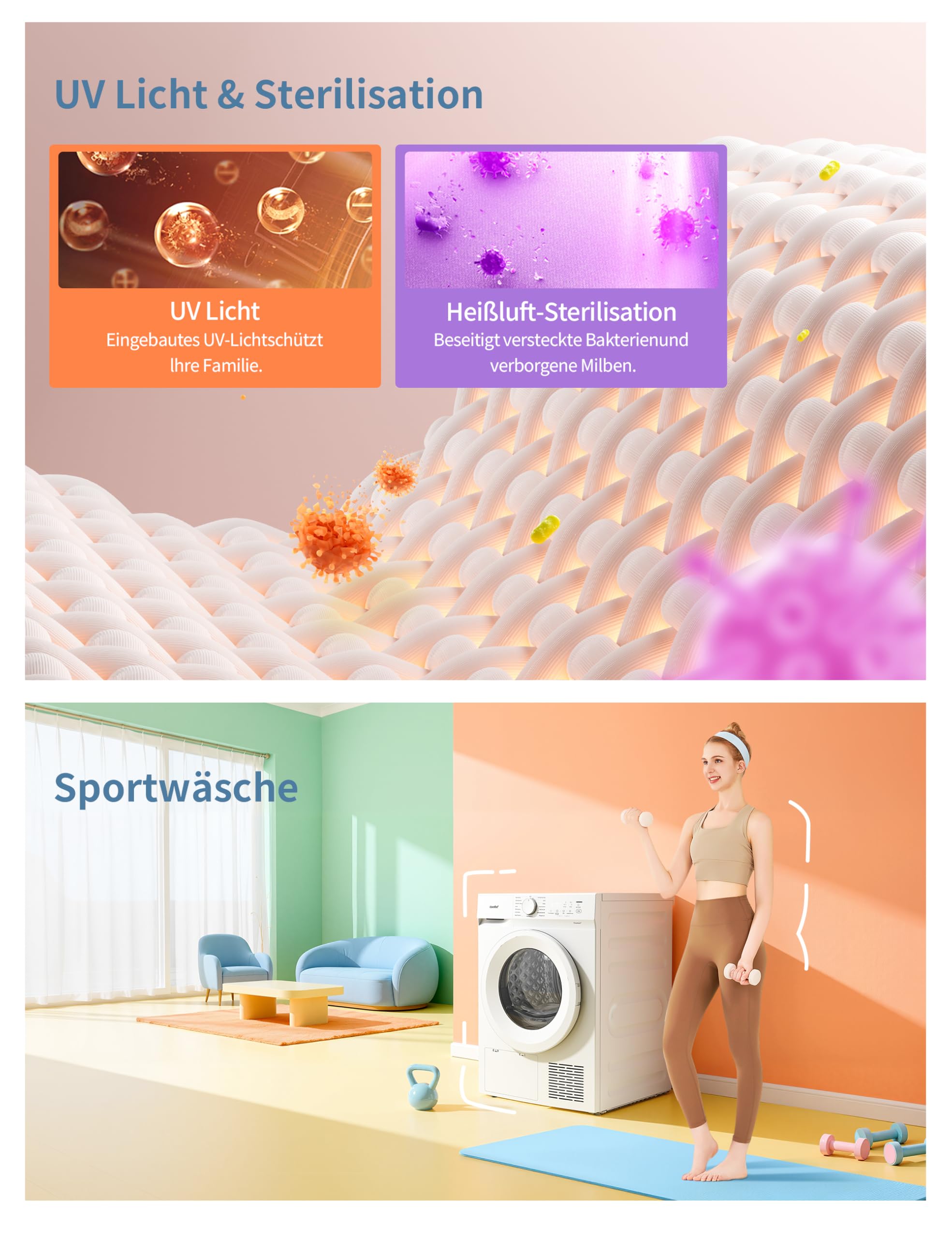 Comfee Wärmepumpentrockner 8kg Energieklasse D mit Wärmepumpentechnologie UV-Licht LED-Display Schnelltrocknen CD08EHP05W Weiß