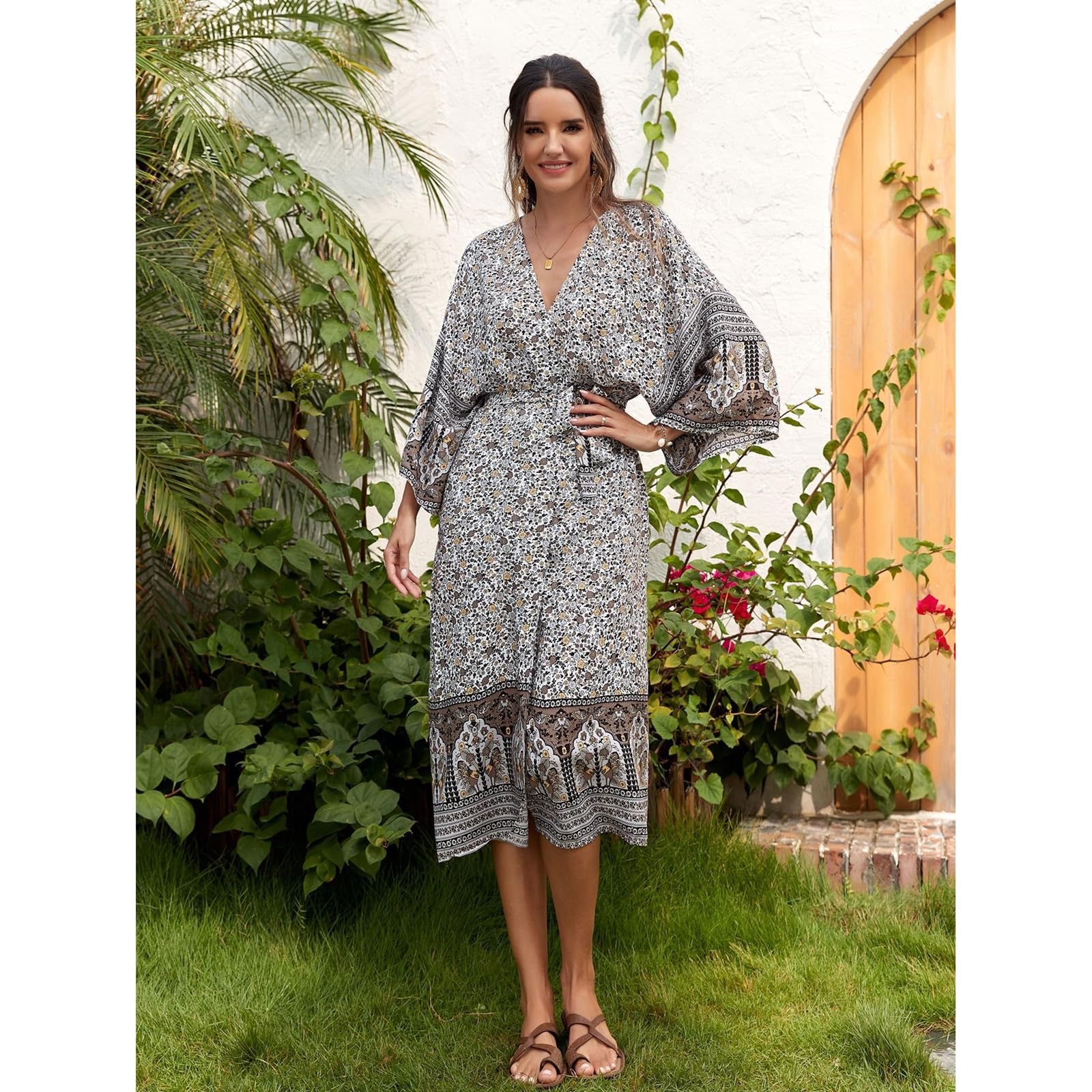 Traje de baño tipo kimono de manga larga para mujer, con flores, frente abierto, holgado, chal, vestido de playa con cinturón